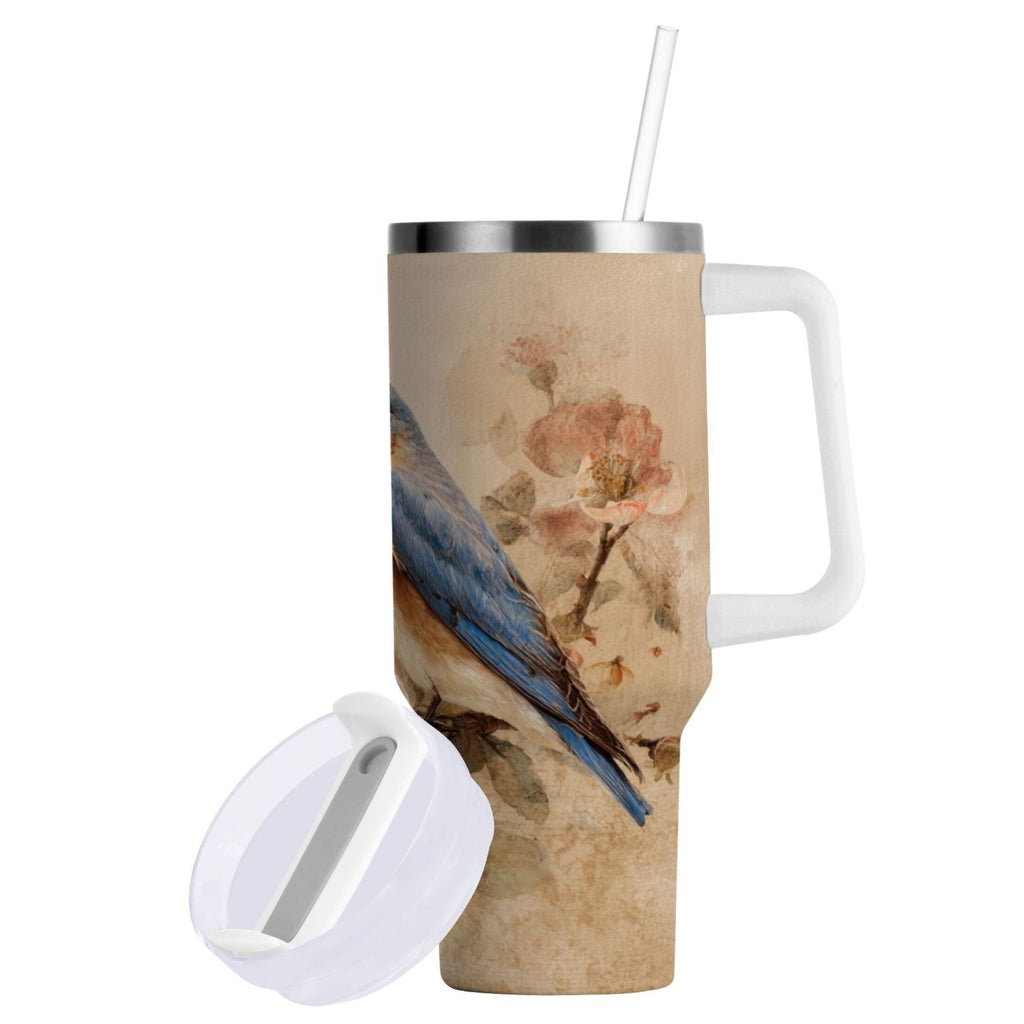 40 oz Insulated Stainless Steel Tumbler Double Wall Stainless Steel Tumbler with 2-Way Drinking Bluebird and Ancient Flowers - TNYY