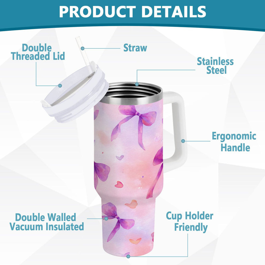 30 oz Insulated Stainless Steel Tumbler Double Wall Stainless Steel Tumbler with 2-Way Drinking Watercolor Purple Bows - MCPD
