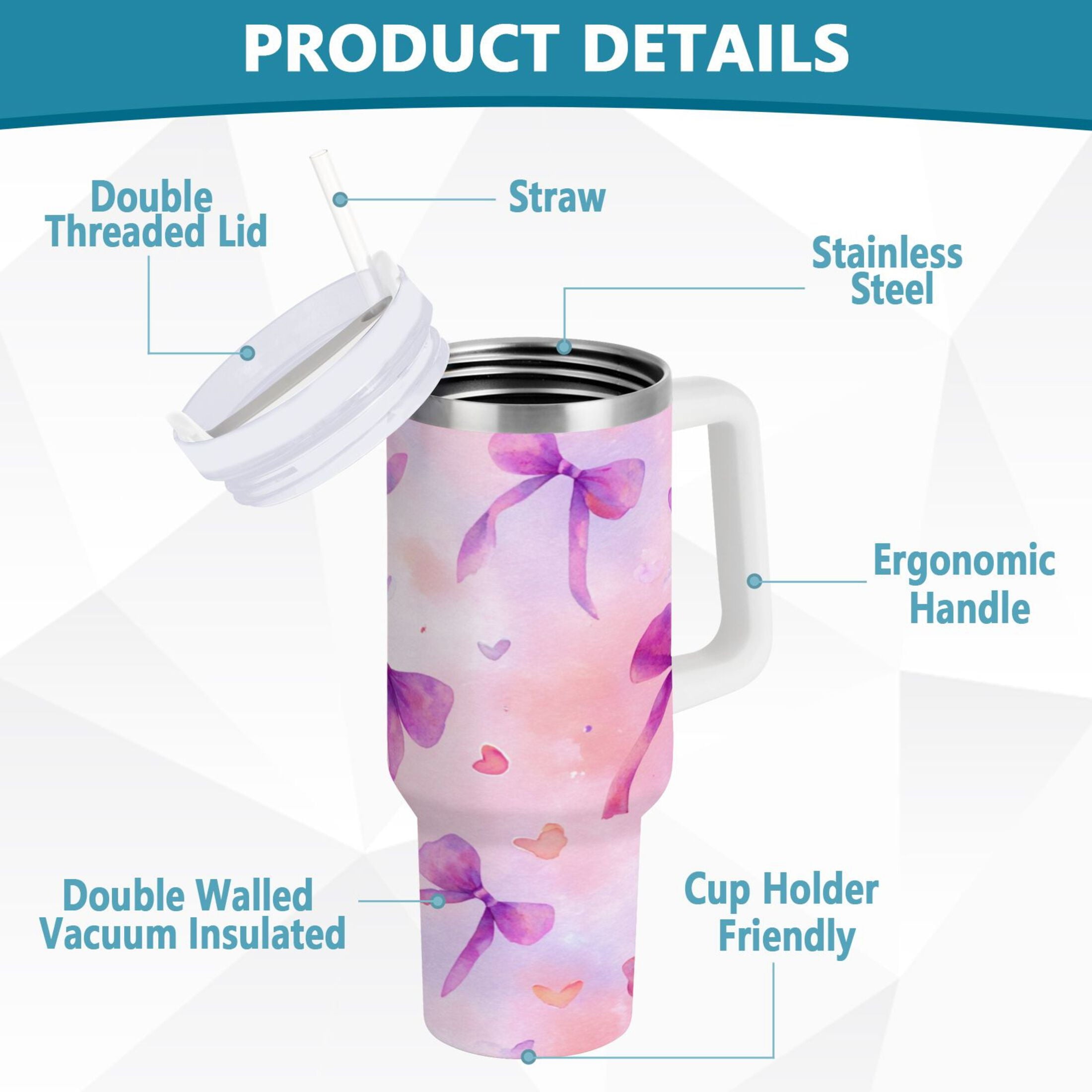 30 oz Insulated Stainless Steel Tumbler Double Wall Stainless Steel Tumbler with 2-Way Drinking Watercolor Purple Bows - MCPD