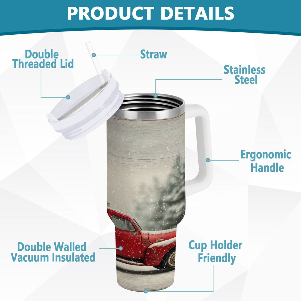 40 oz Insulated Stainless Steel Tumbler Double Wall Stainless Steel Tumbler with 2-Way Drinking Vintage Red Truck - K82S