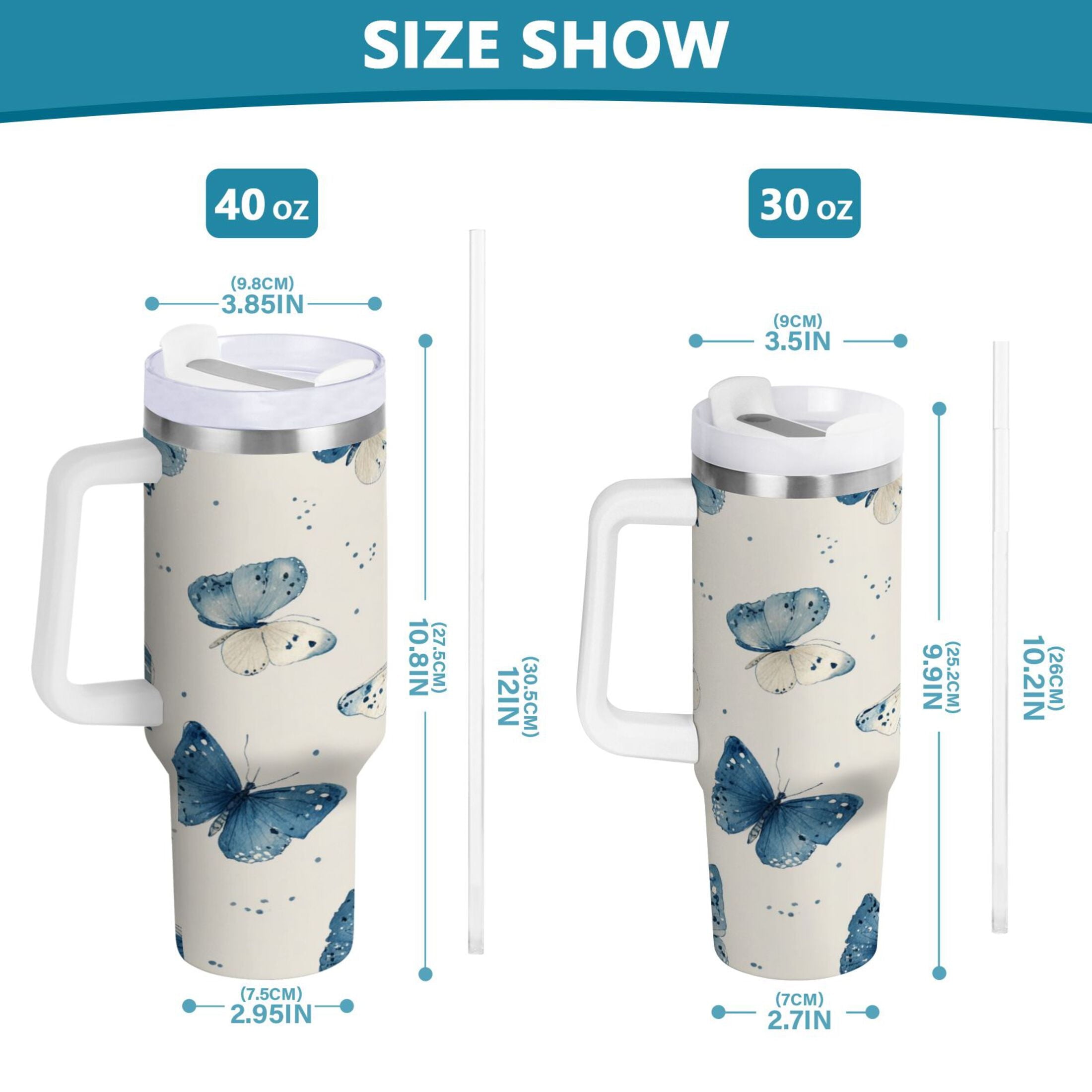 30 oz Insulated Stainless Steel Tumbler Double Wall Stainless Steel Tumbler with 2-Way Drinking Blue Watercolor Butterflies - 9R6X