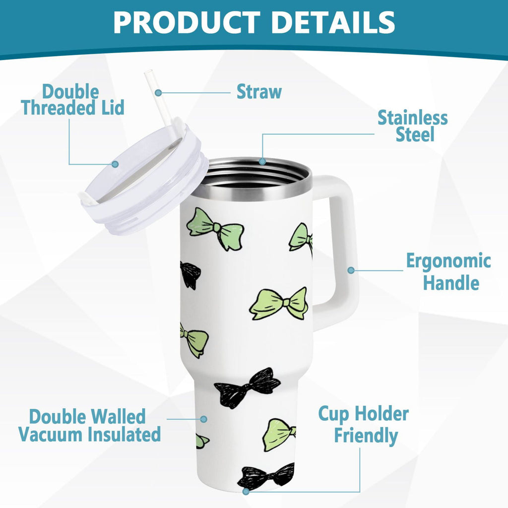 40 oz Insulated Stainless Steel Tumbler Double Wall Stainless Steel Tumbler with 2-Way Drinking Green and Black Bows - QUAU