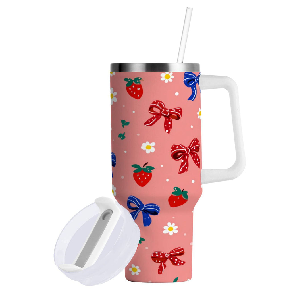 40 oz Insulated Stainless Steel Tumbler Double Wall Stainless Steel Tumbler with 2-Way Drinking Bows and Strawberries Pattern - G1UI