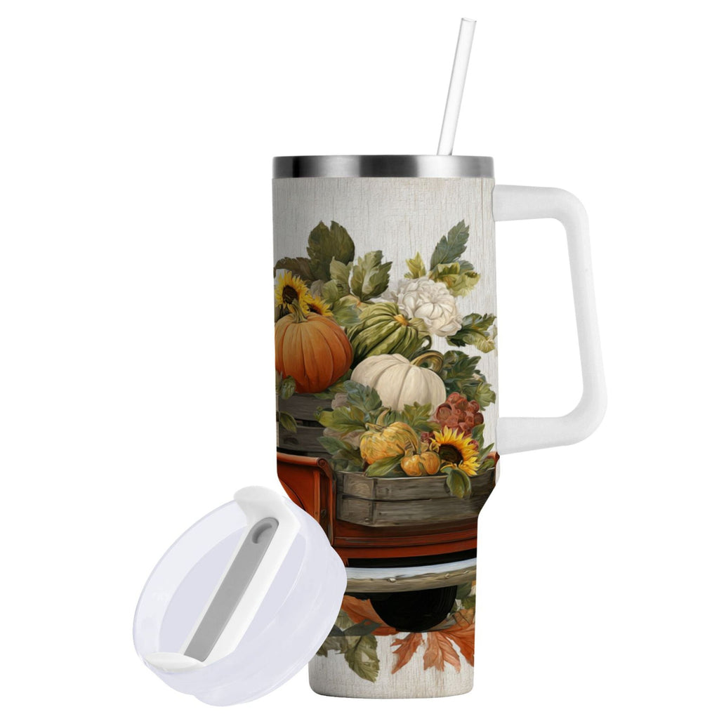 40 oz Insulated Stainless Steel Tumbler Double Wall Stainless Steel Tumbler with 2-Way Drinking Truck Full Of Pumpkins - GH7X