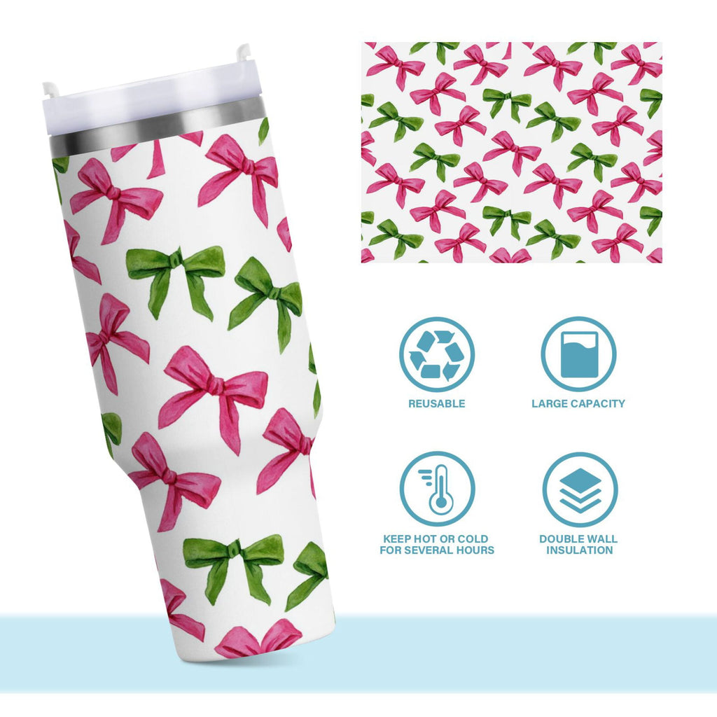 30 oz Insulated Stainless Steel Tumbler Double Wall Stainless Steel Tumbler with 2-Way Drinking Pink Bows and Green Ribbons - 2V9P