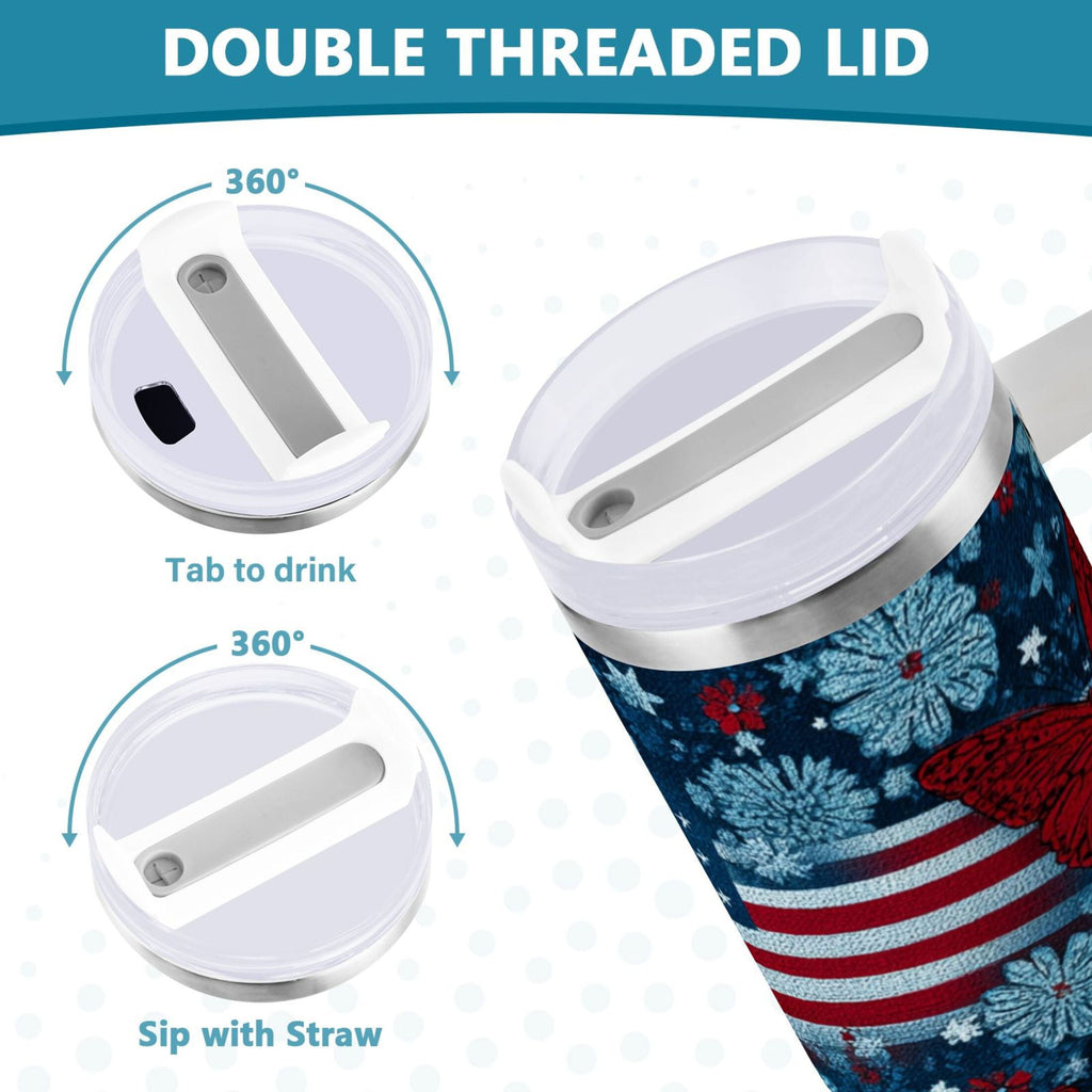 30 oz Insulated Stainless Steel Tumbler Double Wall Stainless Steel Tumbler with 2-Way Drinking Red Butterflies and Flags - P0DF