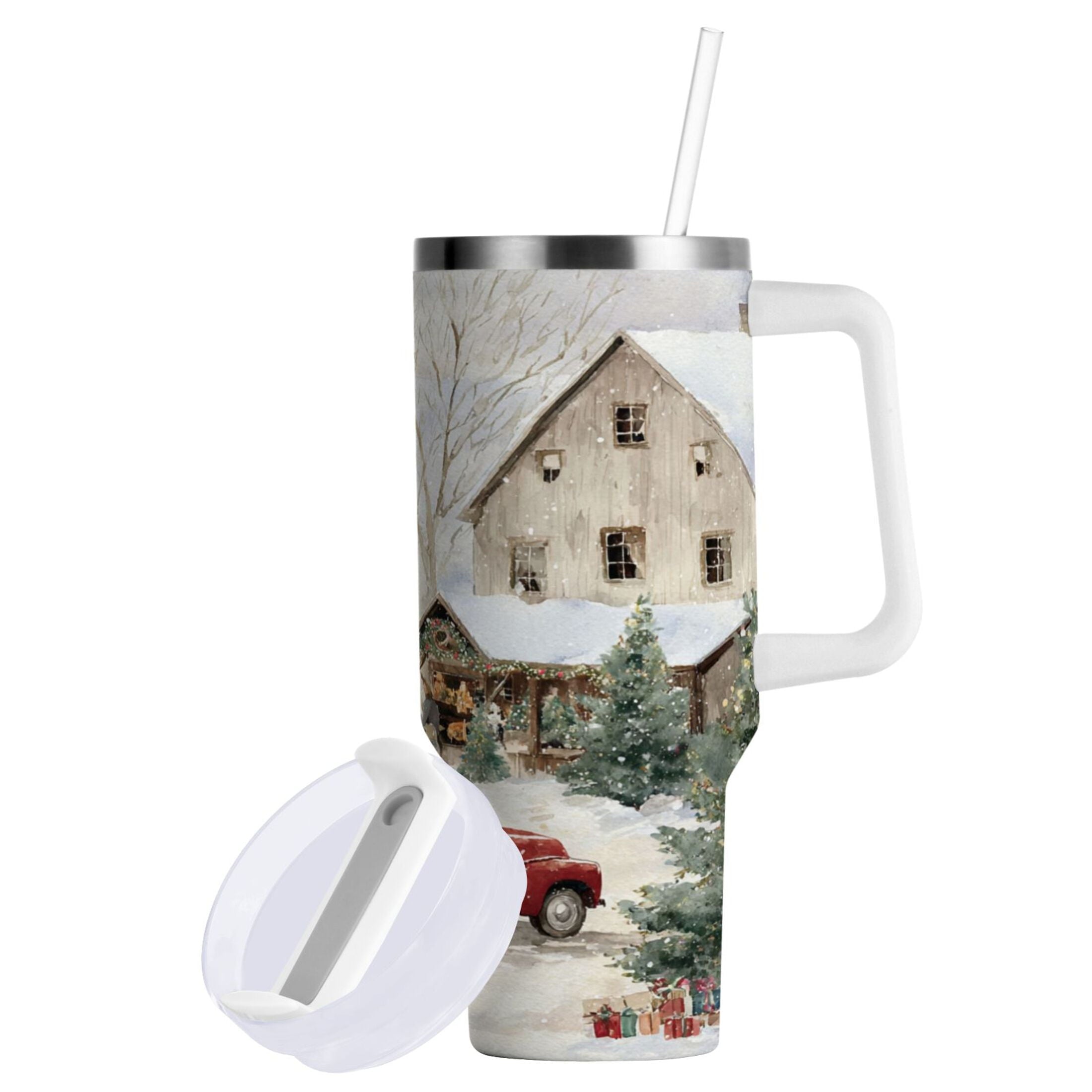 40 oz Insulated Stainless Steel Tumbler Double Wall Stainless Steel Tumbler with 2-Way Drinking Farm Snow Scene - PNK0