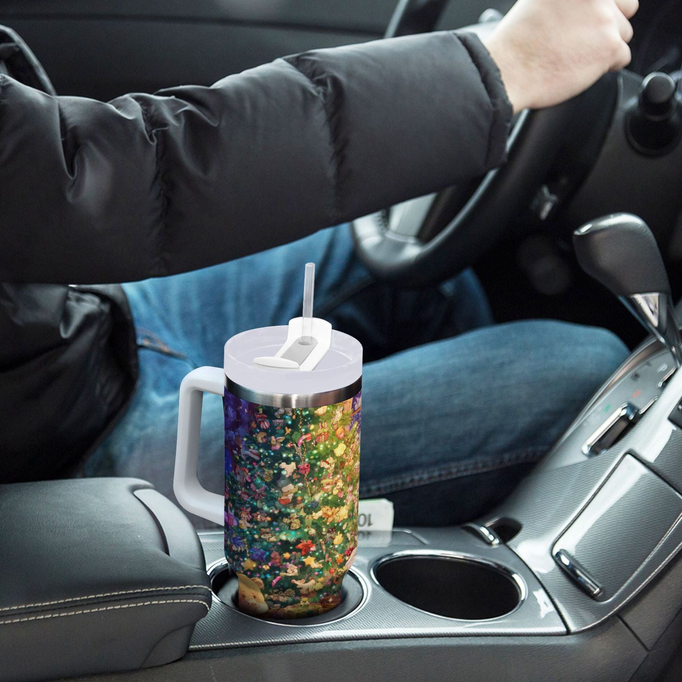 40 oz Insulated Stainless Steel Tumbler Double Wall Stainless Steel Tumbler with 2-Way Drinking Festive Christmas Scene - 6PZN