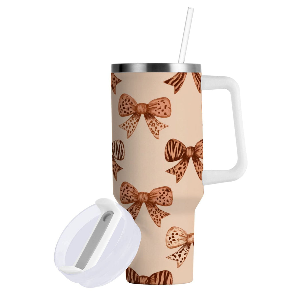 40 oz Insulated Stainless Steel Tumbler Double Wall Stainless Steel Tumbler with 2-Way Drinking Leopard Print Bow - Q3LB