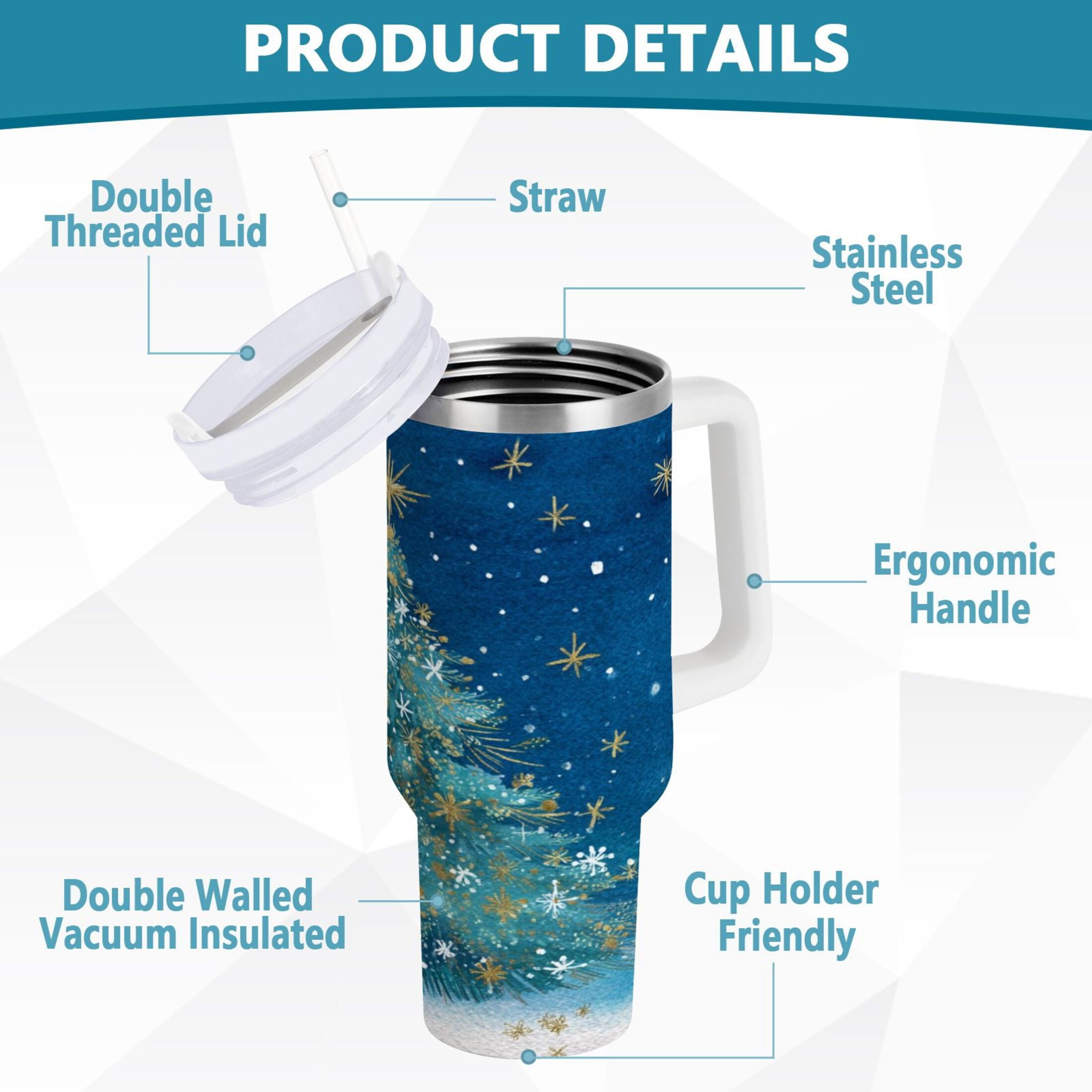 40 oz Insulated Stainless Steel Tumbler Double Wall Stainless Steel Tumbler with 2-Way Drinking Watercolor Christmas Tree - K5KR