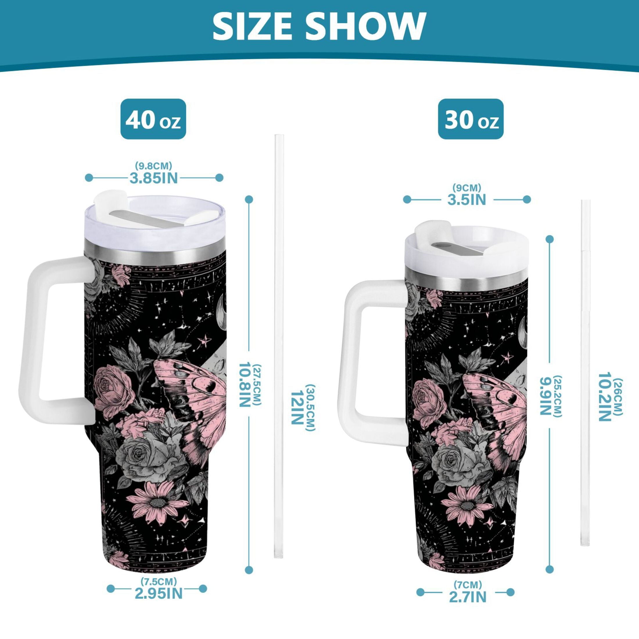30 oz Insulated Stainless Steel Tumbler Double Wall Stainless Steel Tumbler with 2-Way Drinking Butterfly by Moon and Flowers - M043