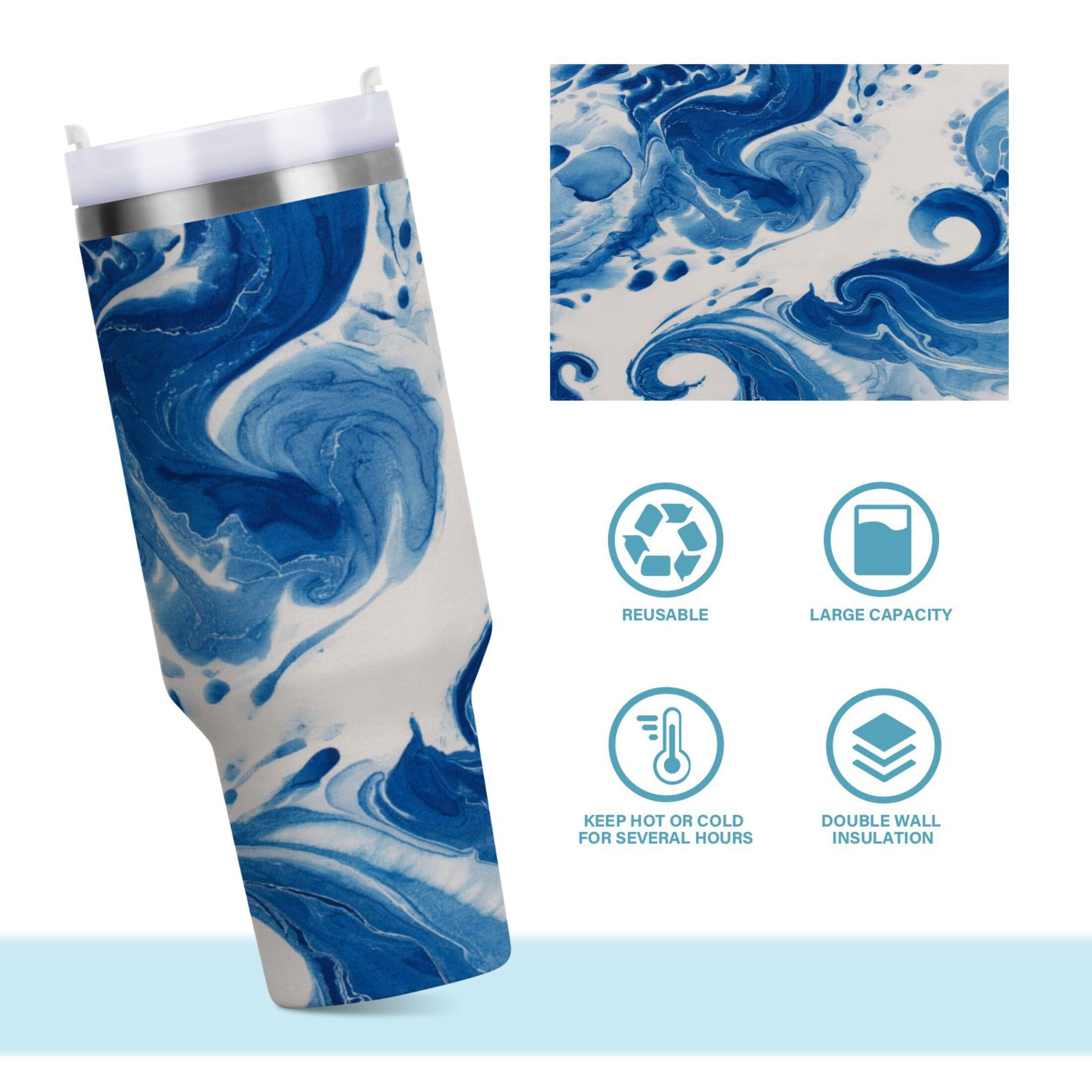 40 oz Insulated Stainless Steel Tumbler Double Wall Stainless Steel Tumbler with 2-Way Drinking Indigo Blue Tie-dye Pattern - 4RJH