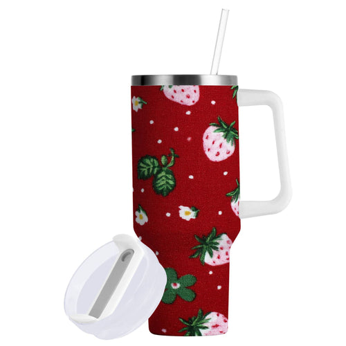 30 oz Insulated Stainless Steel Tumbler Double Wall Stainless Steel Tumbler with 2-Way Drinking Cute Pink Strawberry Pattern - PUNO