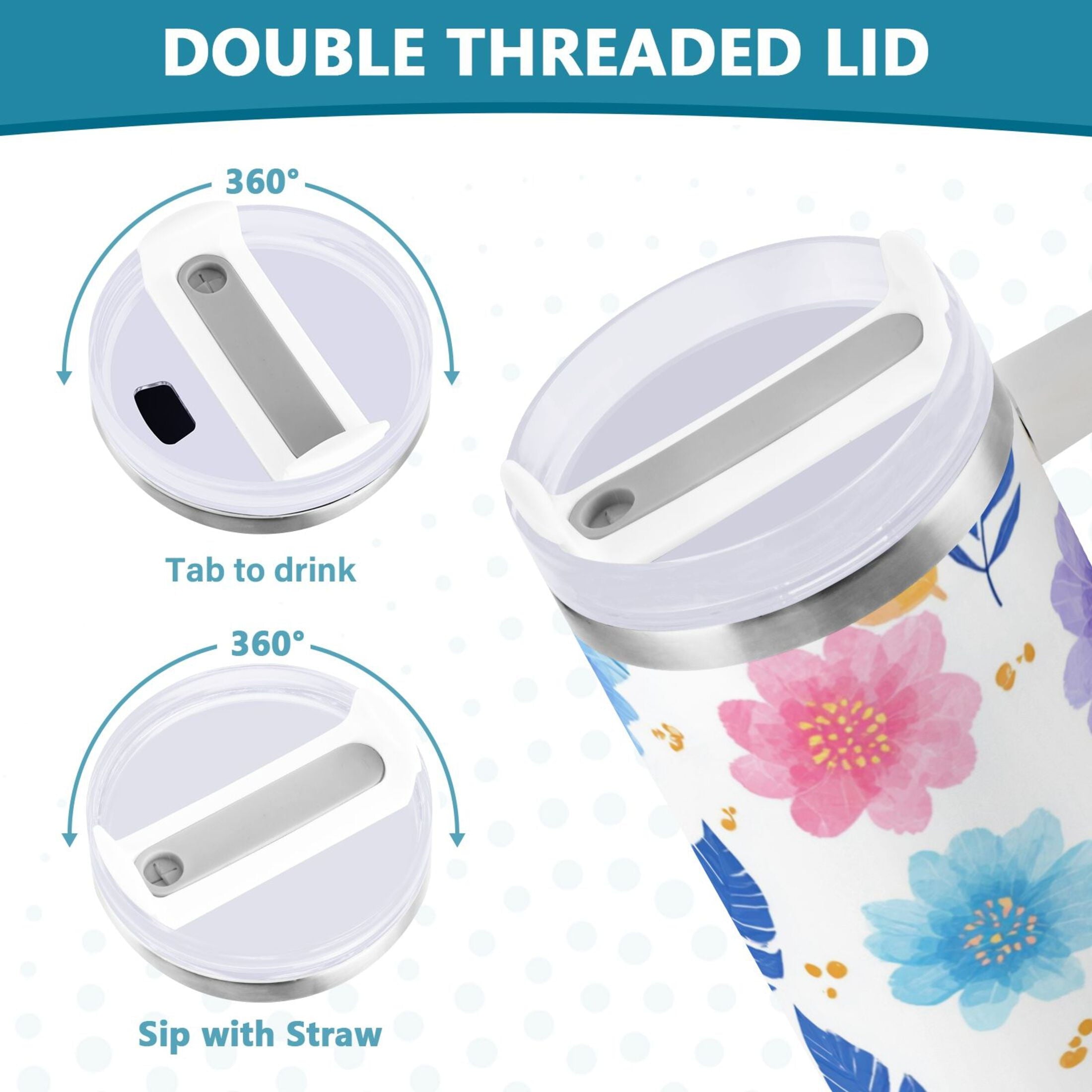 30 oz Insulated Stainless Steel Tumbler Double Wall Stainless Steel Tumbler with 2-Way Drinking Blue and Purple Flowers - 5OWM