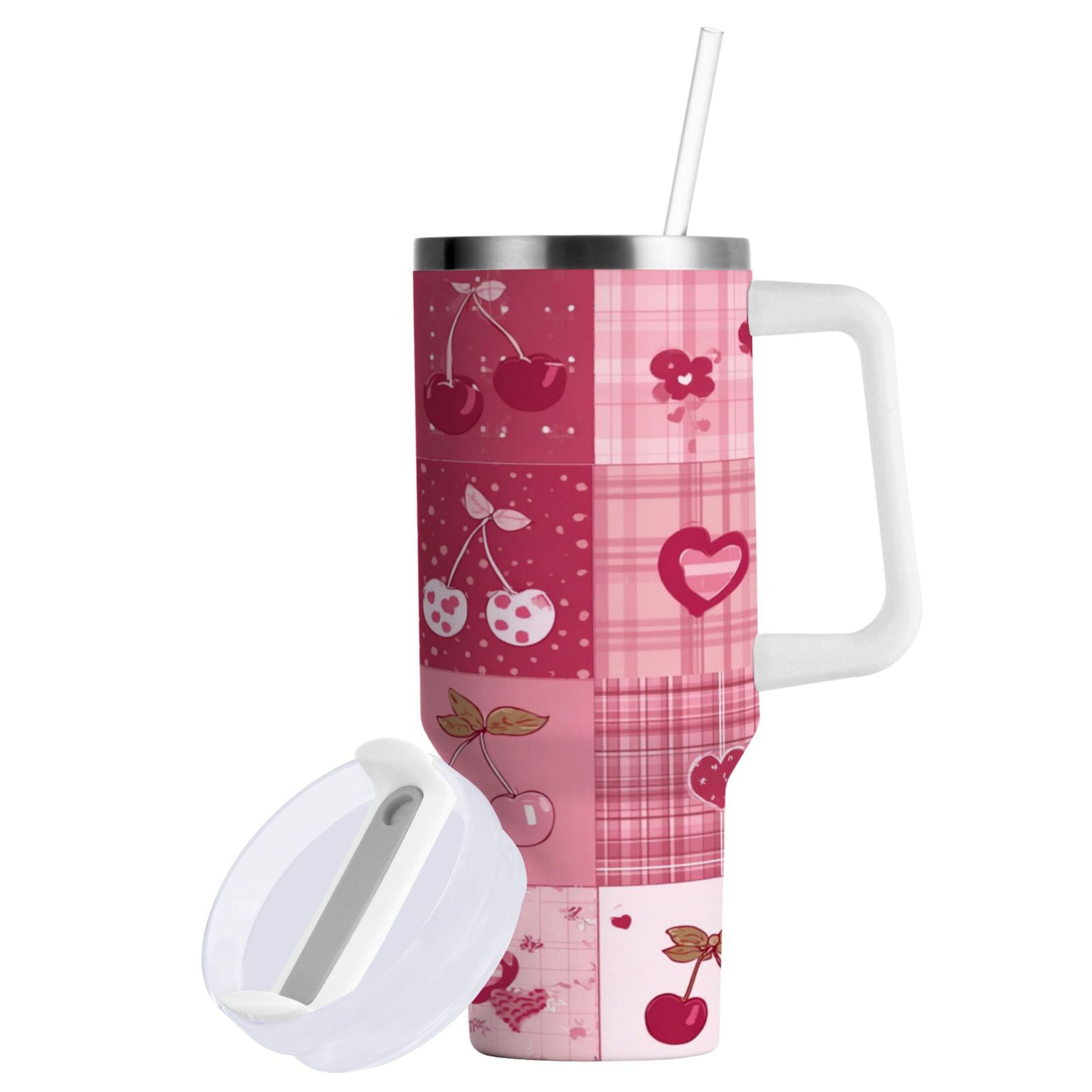 30 oz Insulated Stainless Steel Tumbler Double Wall Stainless Steel Tumbler with 2-Way Drinking Cherry Pattern with Bows - 2NGA