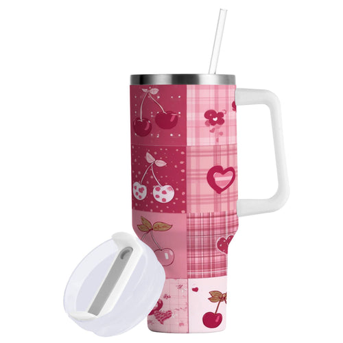 30 oz Insulated Stainless Steel Tumbler Double Wall Stainless Steel Tumbler with 2-Way Drinking Cherry Pattern with Bows - 2NGA