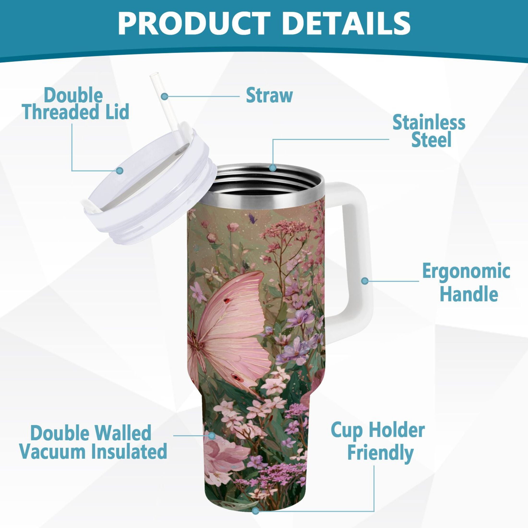 30 oz Insulated Stainless Steel Tumbler Double Wall Stainless Steel Tumbler with 2-Way Drinking Delicate Butterfly - 1QYP