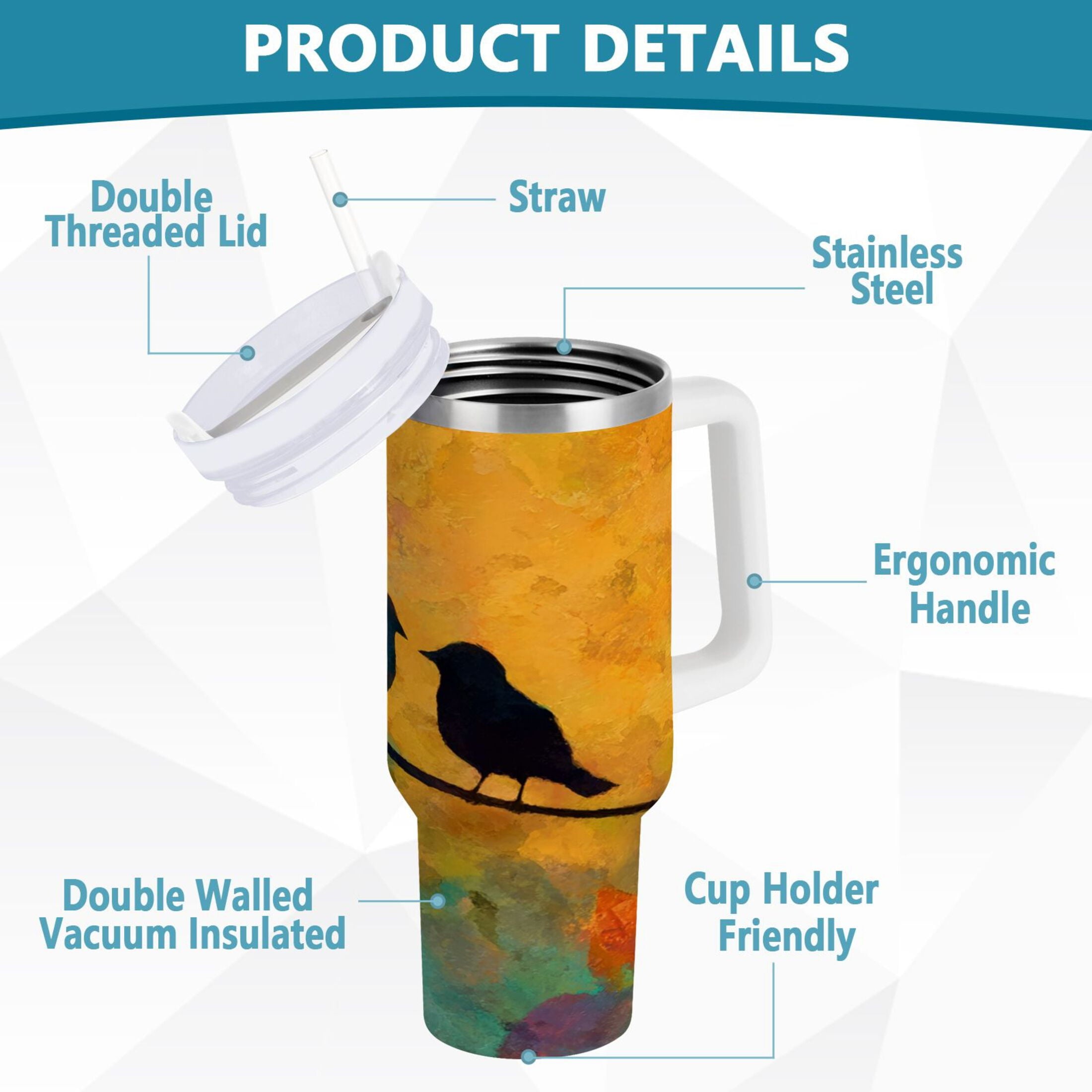 30 oz Insulated Stainless Steel Tumbler Double Wall Stainless Steel Tumbler with 2-Way Drinking Birds on A Wire - 2M8J