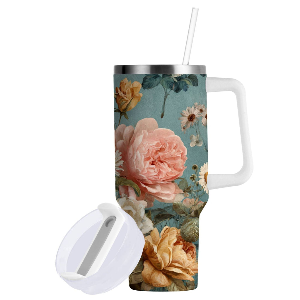 30 oz Insulated Stainless Steel Tumbler Double Wall Stainless Steel Tumbler with 2-Way Drinking Vintage Roses and Peonies - DZ0L