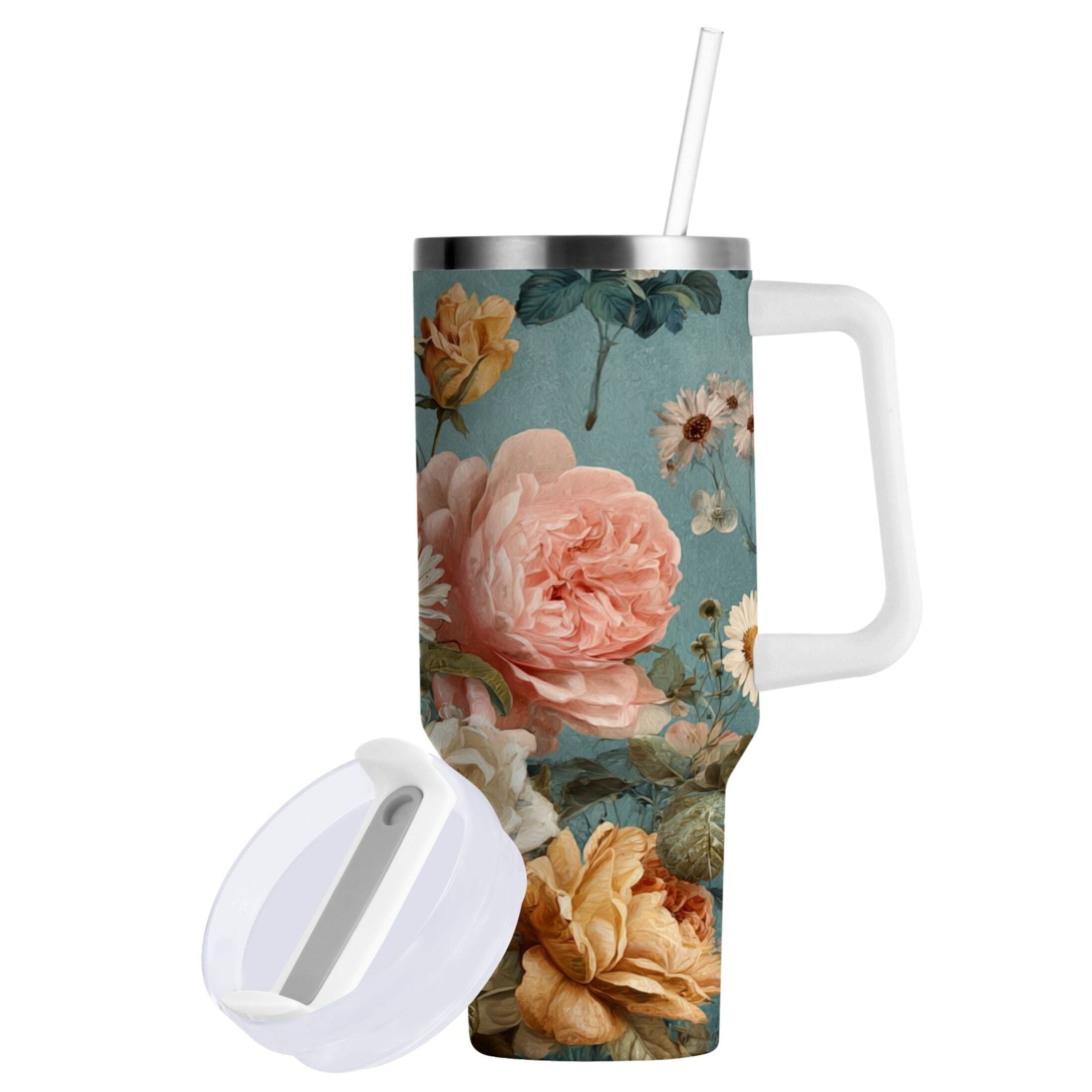 30 oz Insulated Stainless Steel Tumbler Double Wall Stainless Steel Tumbler with 2-Way Drinking Vintage Roses and Peonies - DZ0L