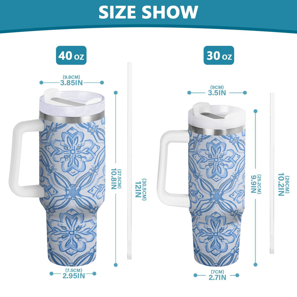 30 oz Insulated Stainless Steel Tumbler Double Wall Stainless Steel Tumbler with 2-Way Drinking Blue Elegant Geometric Design - 789V