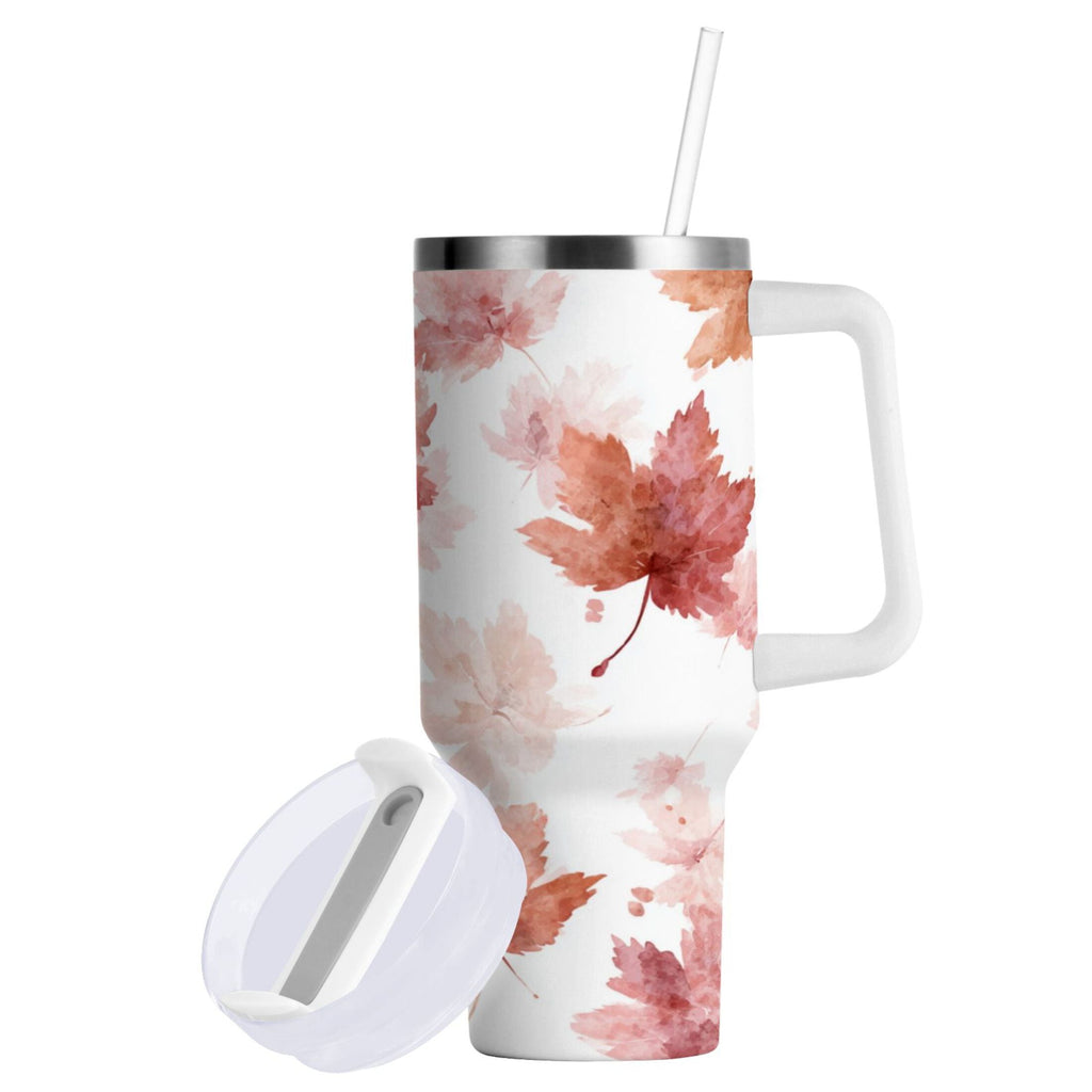 30 oz Insulated Stainless Steel Tumbler Double Wall Stainless Steel Tumbler with 2-Way Drinking Watercolor Pink Maple Leaves - ECBB