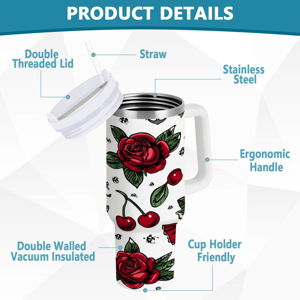 40 oz Insulated Stainless Steel Tumbler Double Wall Stainless Steel Tumbler with 2-Way Drinking Red Roses and Cherries - 27II