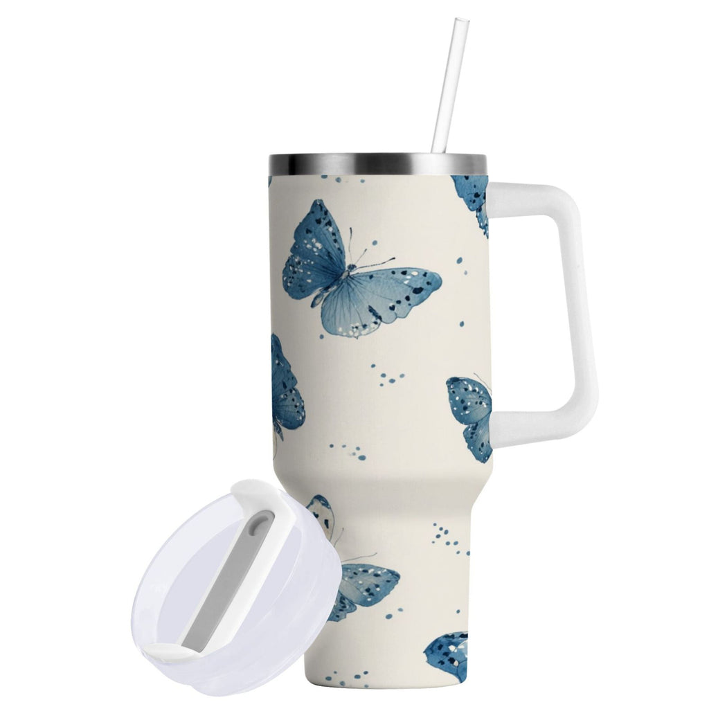 30 oz Insulated Stainless Steel Tumbler Double Wall Stainless Steel Tumbler with 2-Way Drinking Blue Watercolor Butterflies - 9R6X