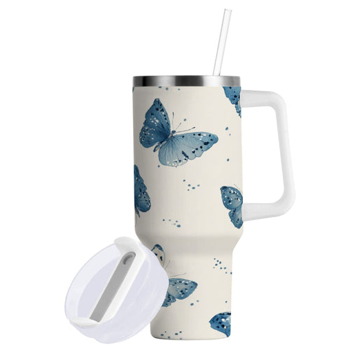 30 oz Insulated Stainless Steel Tumbler Double Wall Stainless Steel Tumbler with 2-Way Drinking Blue Watercolor Butterflies - 9R6X