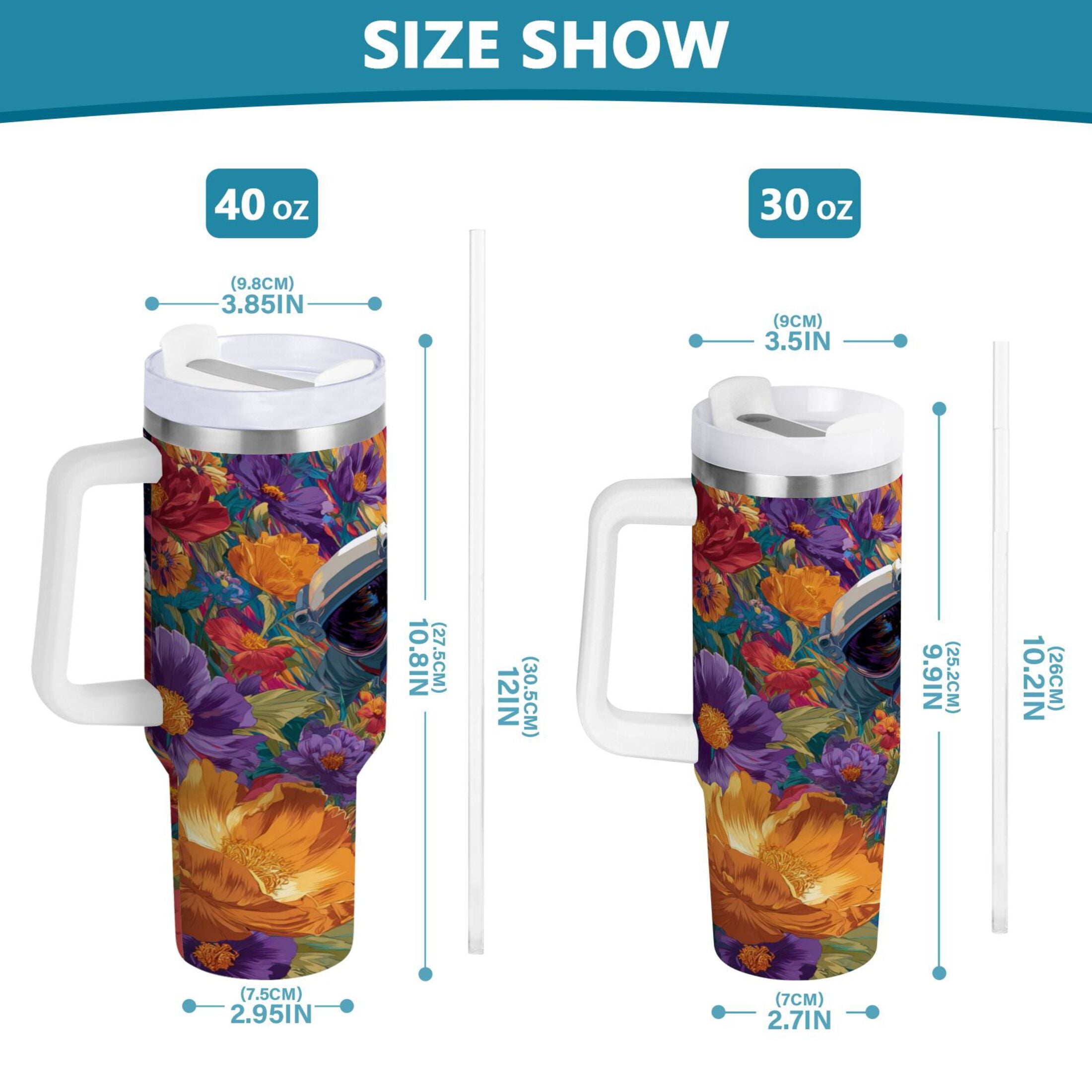 40 oz Insulated Stainless Steel Tumbler Double Wall Stainless Steel Tumbler with 2-Way Drinking Colorful Flowers and Planets - 1UM4
