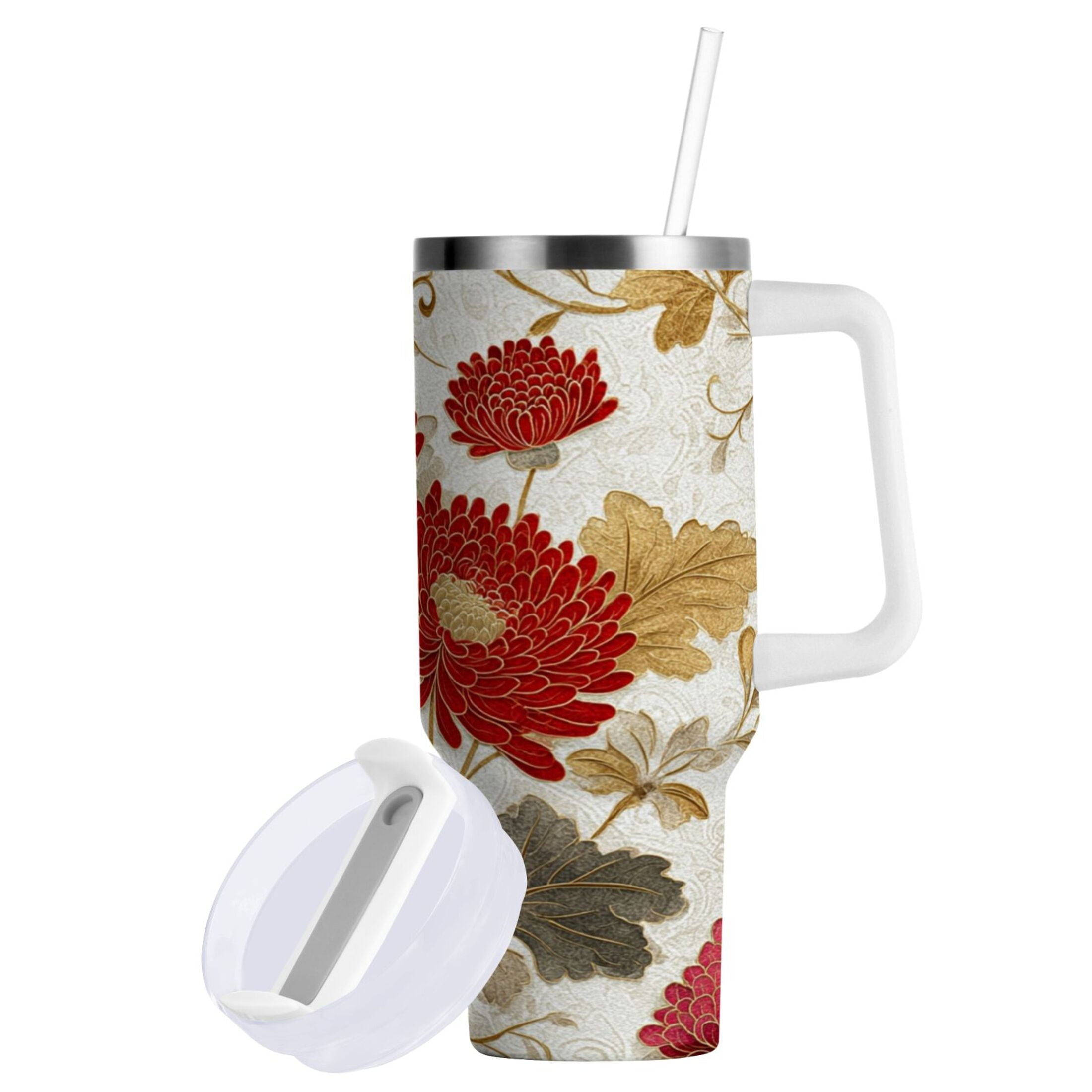 30 oz Insulated Stainless Steel Tumbler Double Wall Stainless Steel Tumbler with 2-Way Drinking Red Chrysanthemum Pattern - BLDC