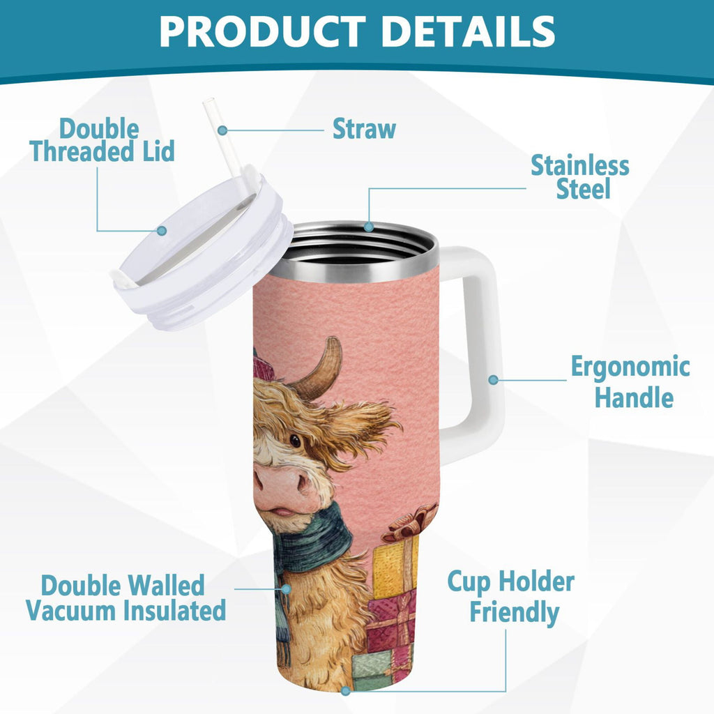 30 oz Insulated Stainless Steel Tumbler Double Wall Stainless Steel Tumbler with 2-Way Drinking Cow Wearing Scarf and Hat - AI5P