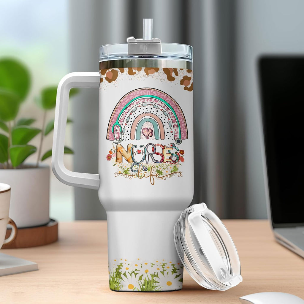 Tumbler 40 Oz With Handle Lid And Straw, Nurse Gifts, Black Camo White Engraved Print Travel Nurses Tumblers Handle Funny Cups Nursing For, Great Nurse Rainbow Daisy Flower - 6ZUO