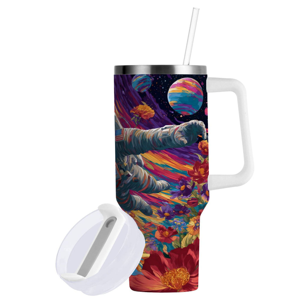 40 oz Insulated Stainless Steel Tumbler Double Wall Stainless Steel Tumbler with 2-Way Drinking Colorful Flowers and Planets - 1UM4