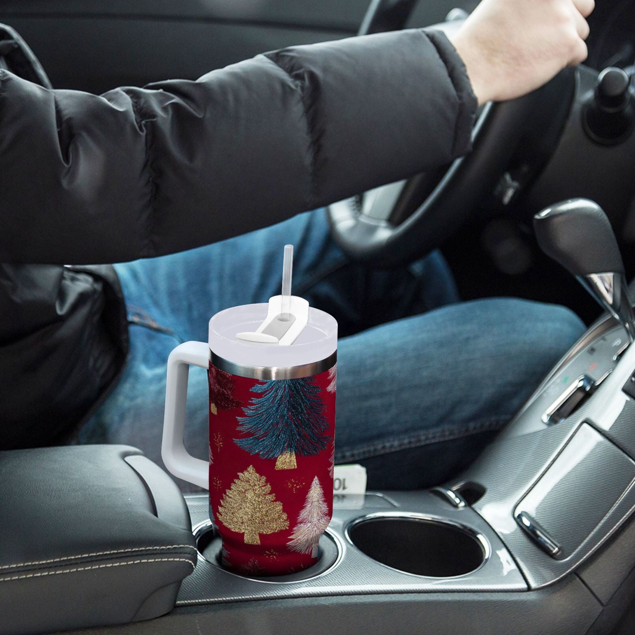 30 oz Insulated Stainless Steel Tumbler Double Wall Stainless Steel Tumbler with 2-Way Drinking Stylized Christmas Trees - KAJ6