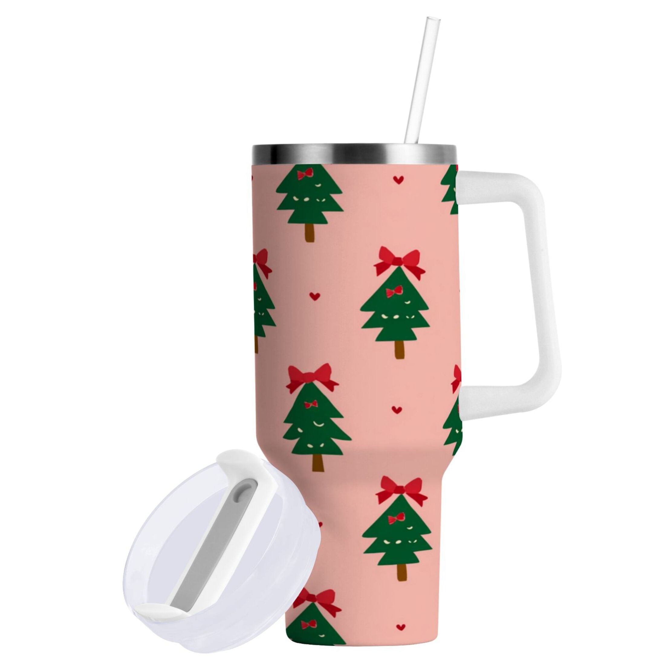 40 oz Insulated Stainless Steel Tumbler Double Wall Stainless Steel Tumbler with 2-Way Drinking Green Trees and Red Bows - KEAC