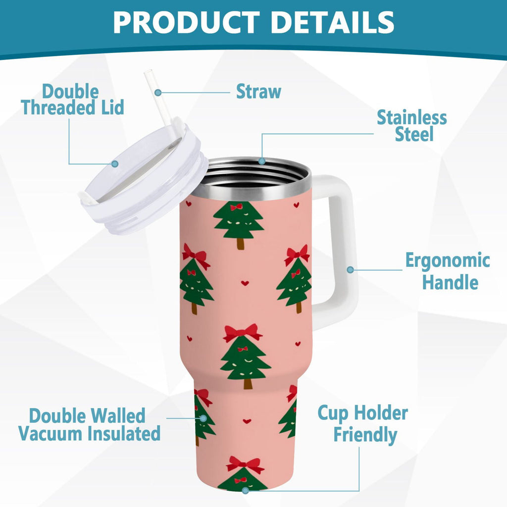 40 oz Insulated Stainless Steel Tumbler Double Wall Stainless Steel Tumbler with 2-Way Drinking Green Trees and Red Bows - KEAC