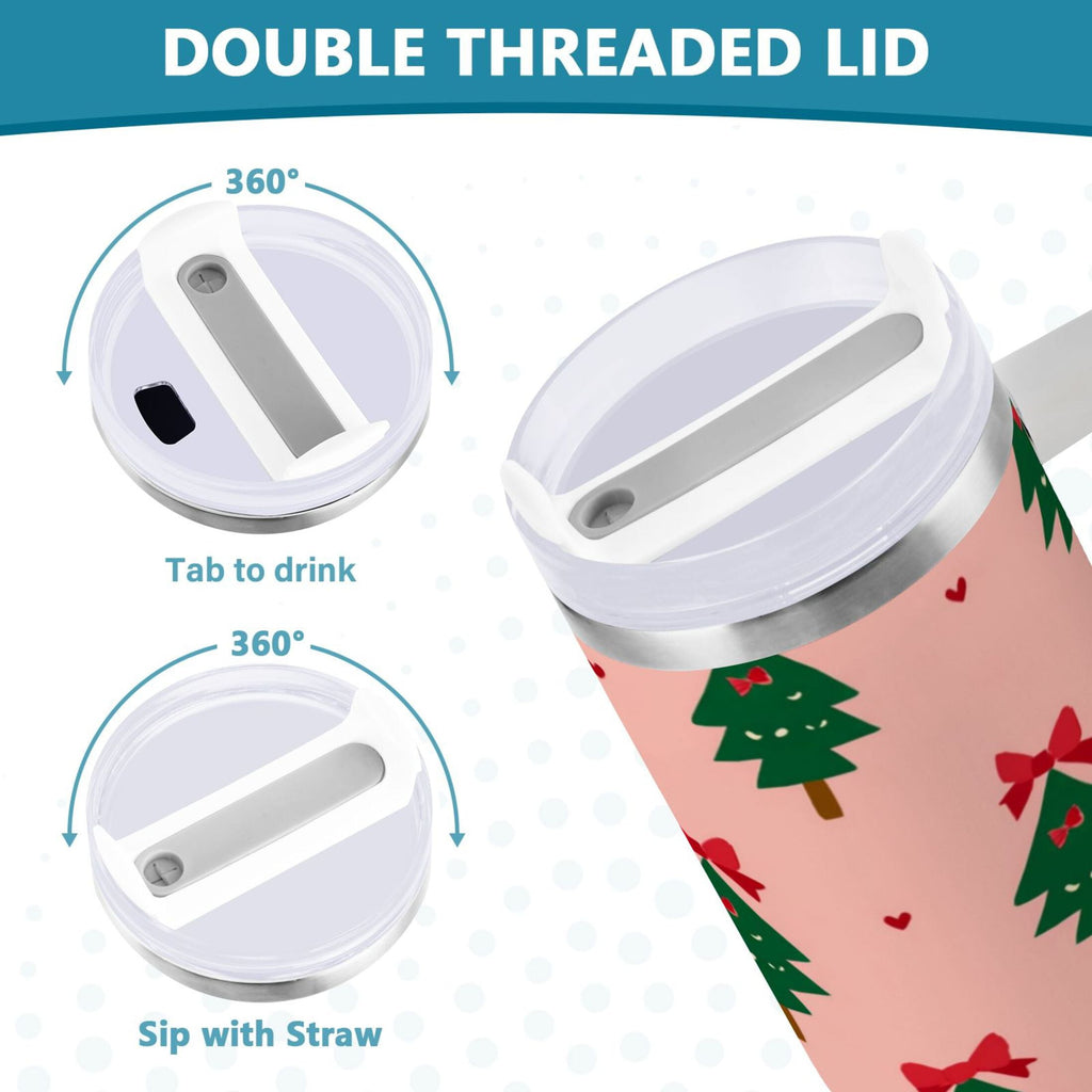 40 oz Insulated Stainless Steel Tumbler Double Wall Stainless Steel Tumbler with 2-Way Drinking Green Trees and Red Bows - KEAC