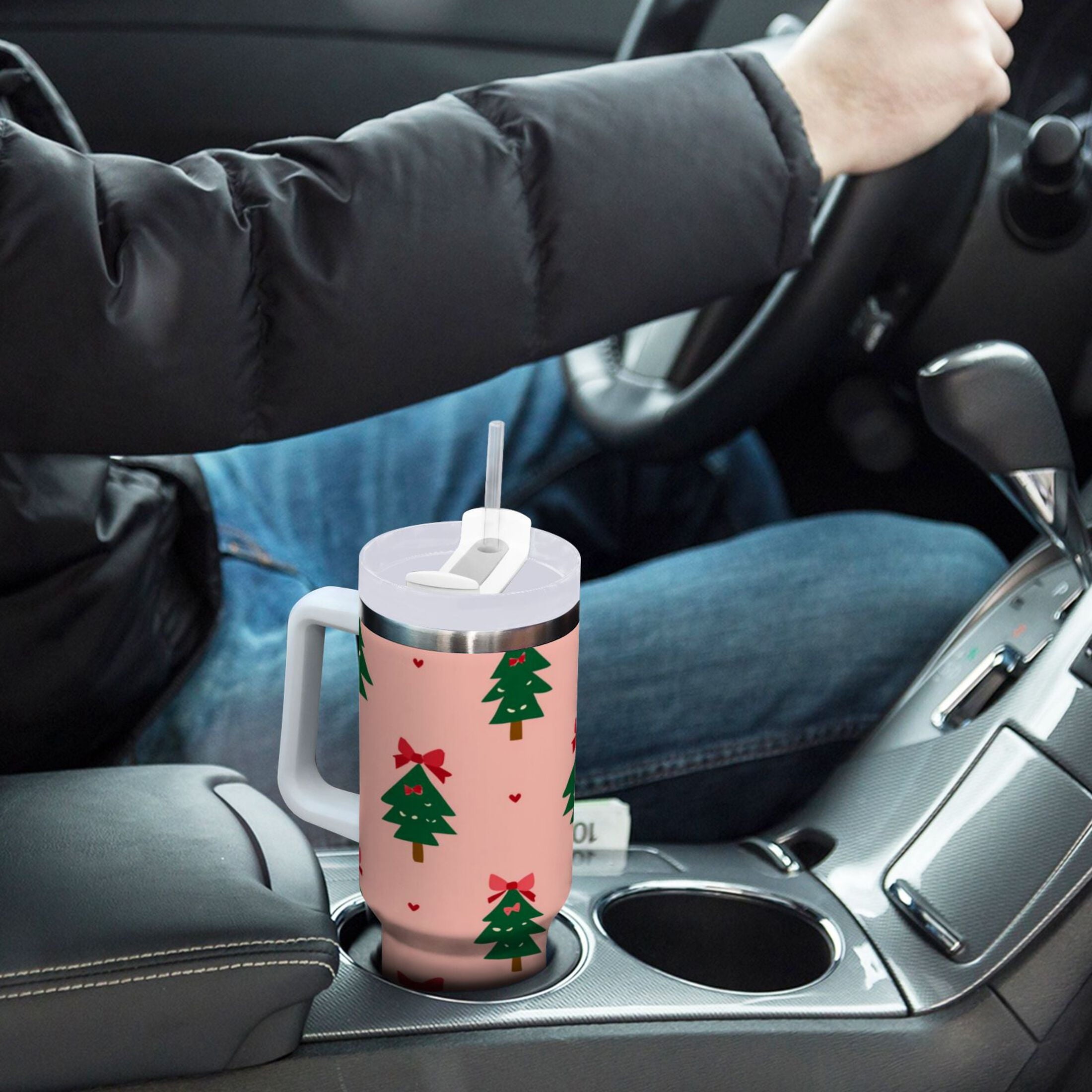 40 oz Insulated Stainless Steel Tumbler Double Wall Stainless Steel Tumbler with 2-Way Drinking Green Trees and Red Bows - KEAC