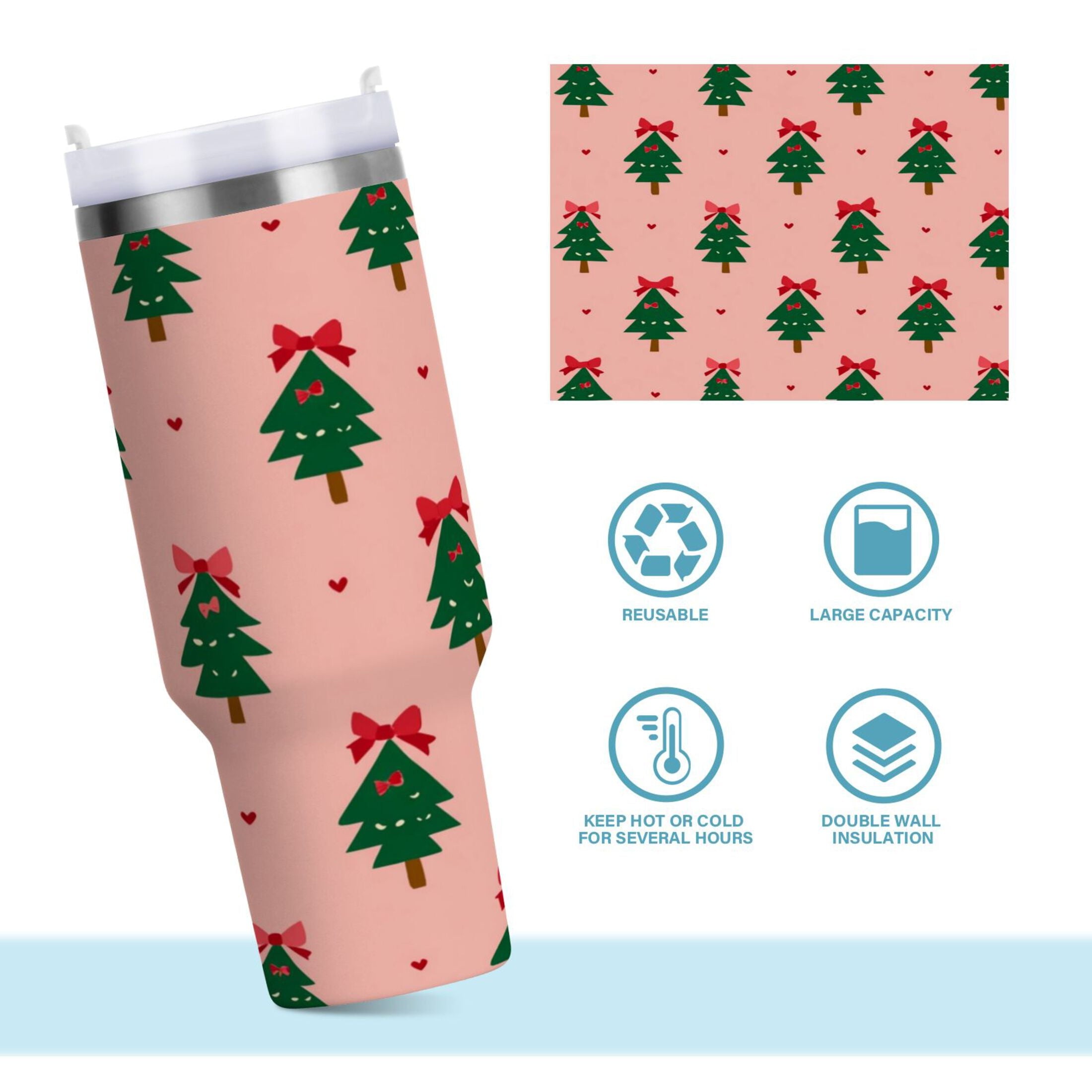 40 oz Insulated Stainless Steel Tumbler Double Wall Stainless Steel Tumbler with 2-Way Drinking Green Trees and Red Bows - KEAC