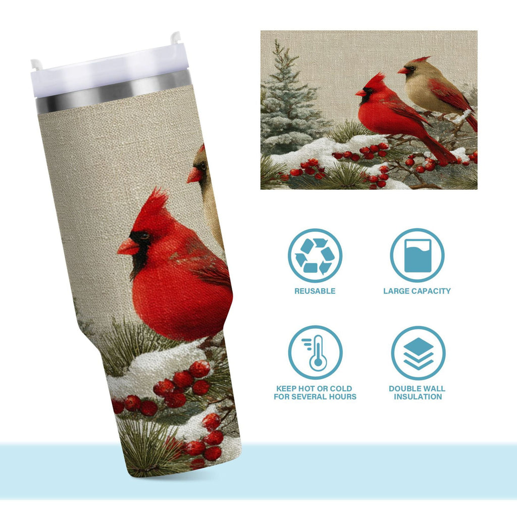 30 oz Insulated Stainless Steel Tumbler Double Wall Stainless Steel Tumbler with 2-Way Drinking Bird and Snow-covered Trees - 6FJT