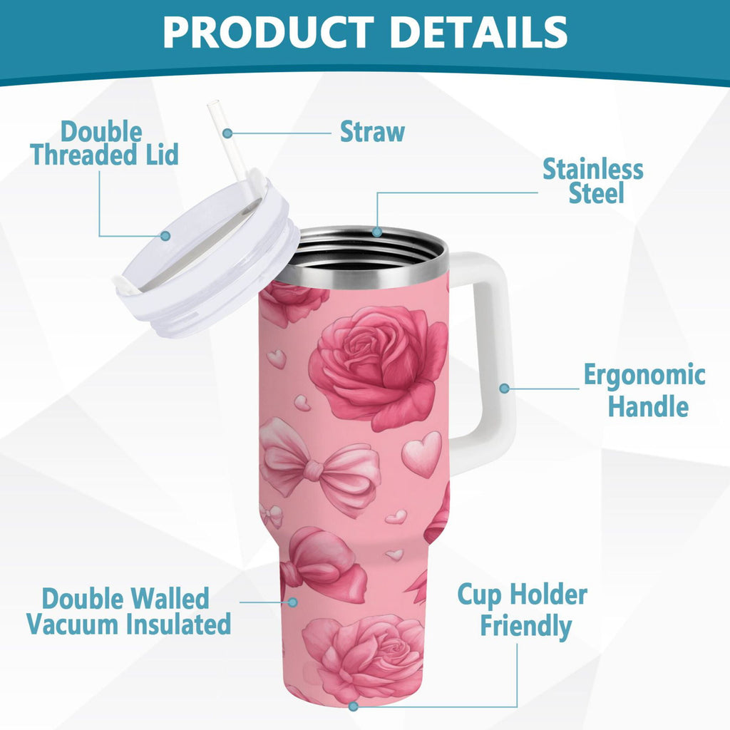 40 oz Insulated Stainless Steel Tumbler Double Wall Stainless Steel Tumbler with 2-Way Drinking Roses and Bows Pattern - EI7Q