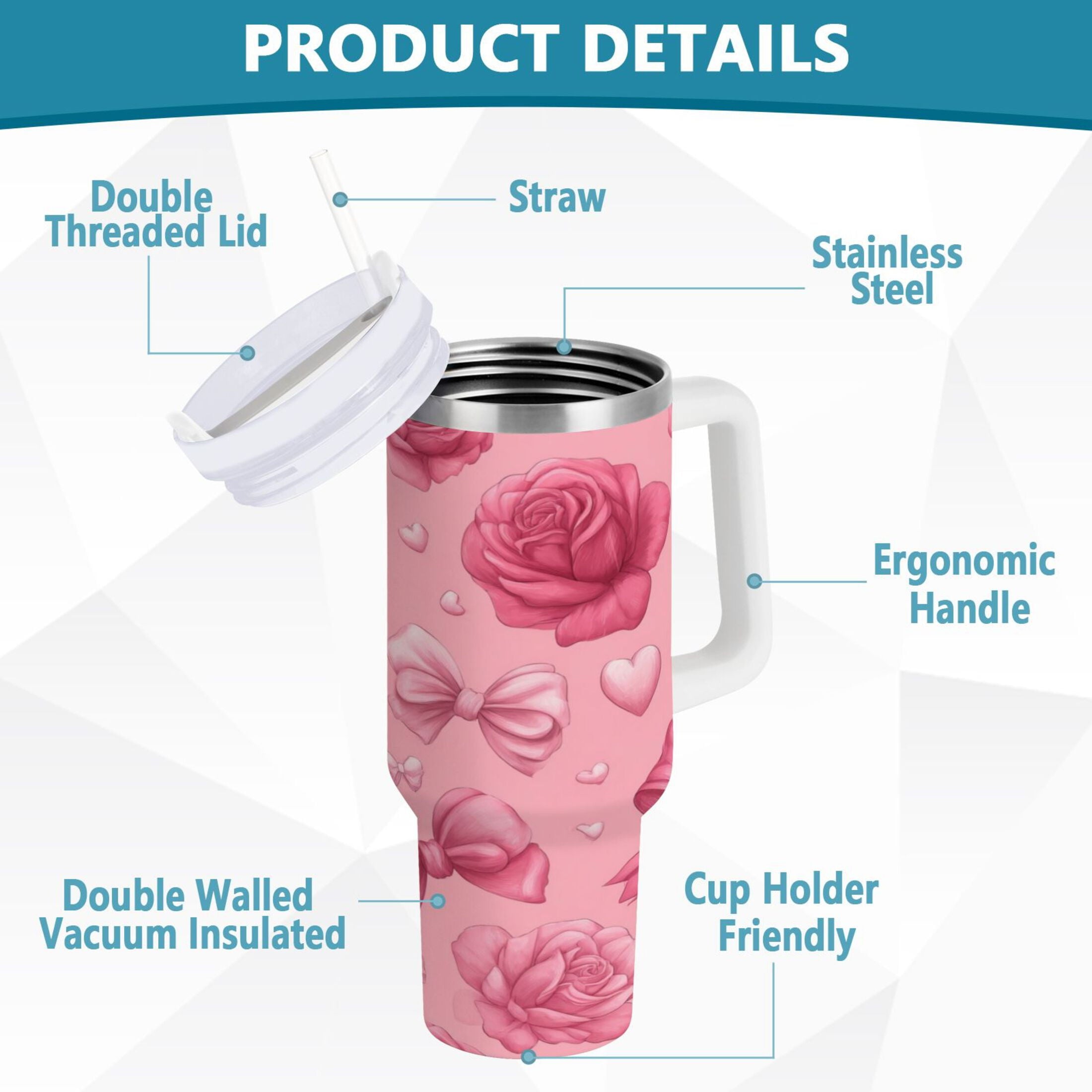 40 oz Insulated Stainless Steel Tumbler Double Wall Stainless Steel Tumbler with 2-Way Drinking Roses and Bows Pattern - EI7Q