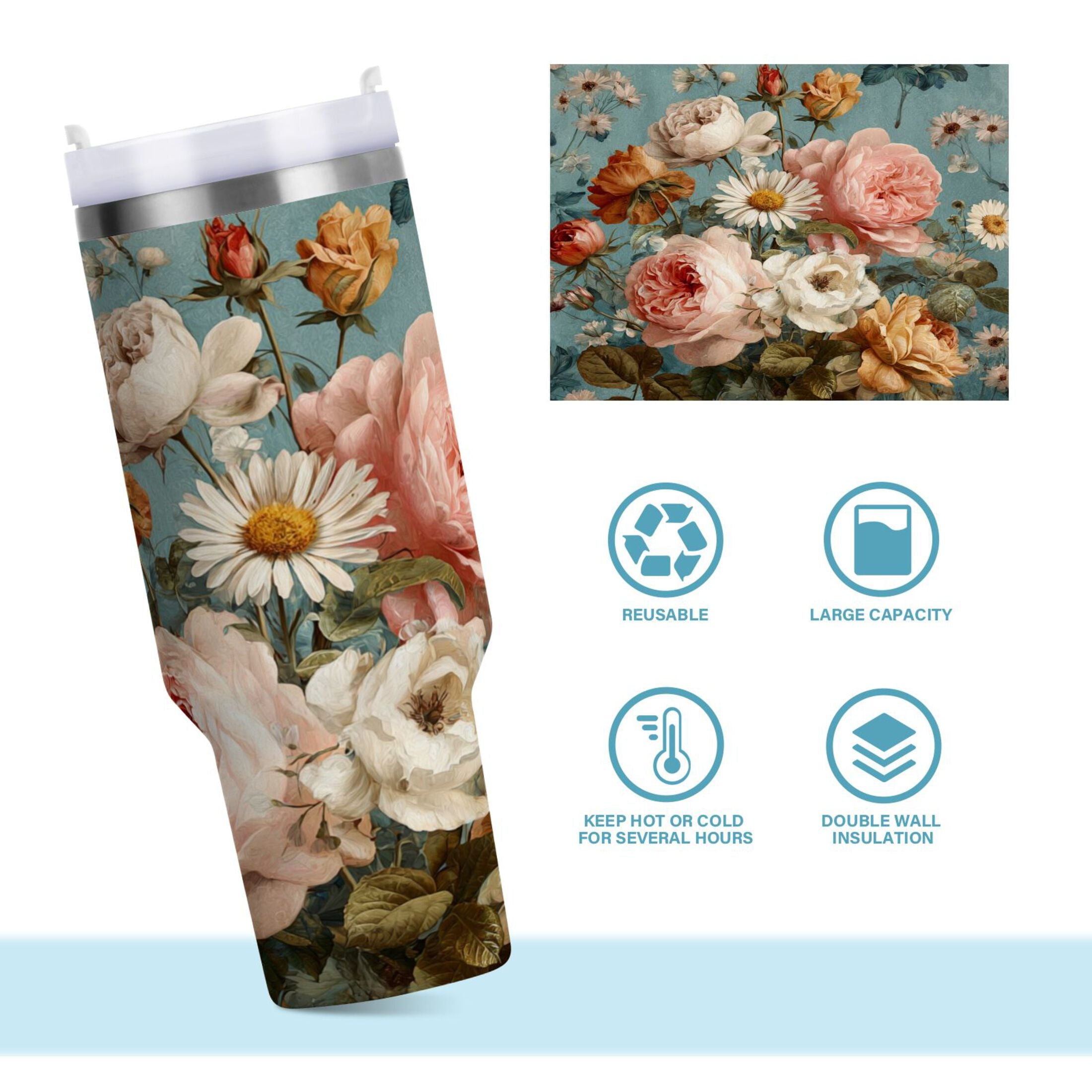 30 oz Insulated Stainless Steel Tumbler Double Wall Stainless Steel Tumbler with 2-Way Drinking Vintage Roses and Peonies - DZ0L