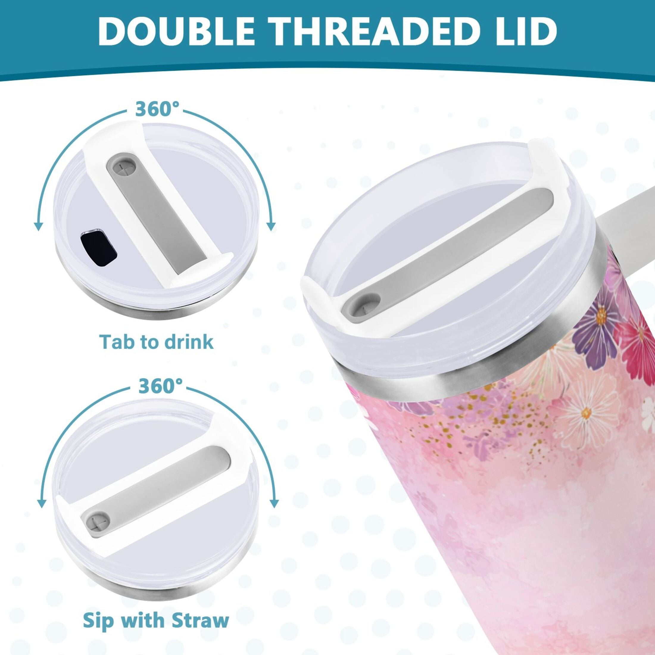 30 oz Insulated Stainless Steel Tumbler Double Wall Stainless Steel Tumbler with 2-Way Drinking Colorful Pastel Floral Pattern - CA88