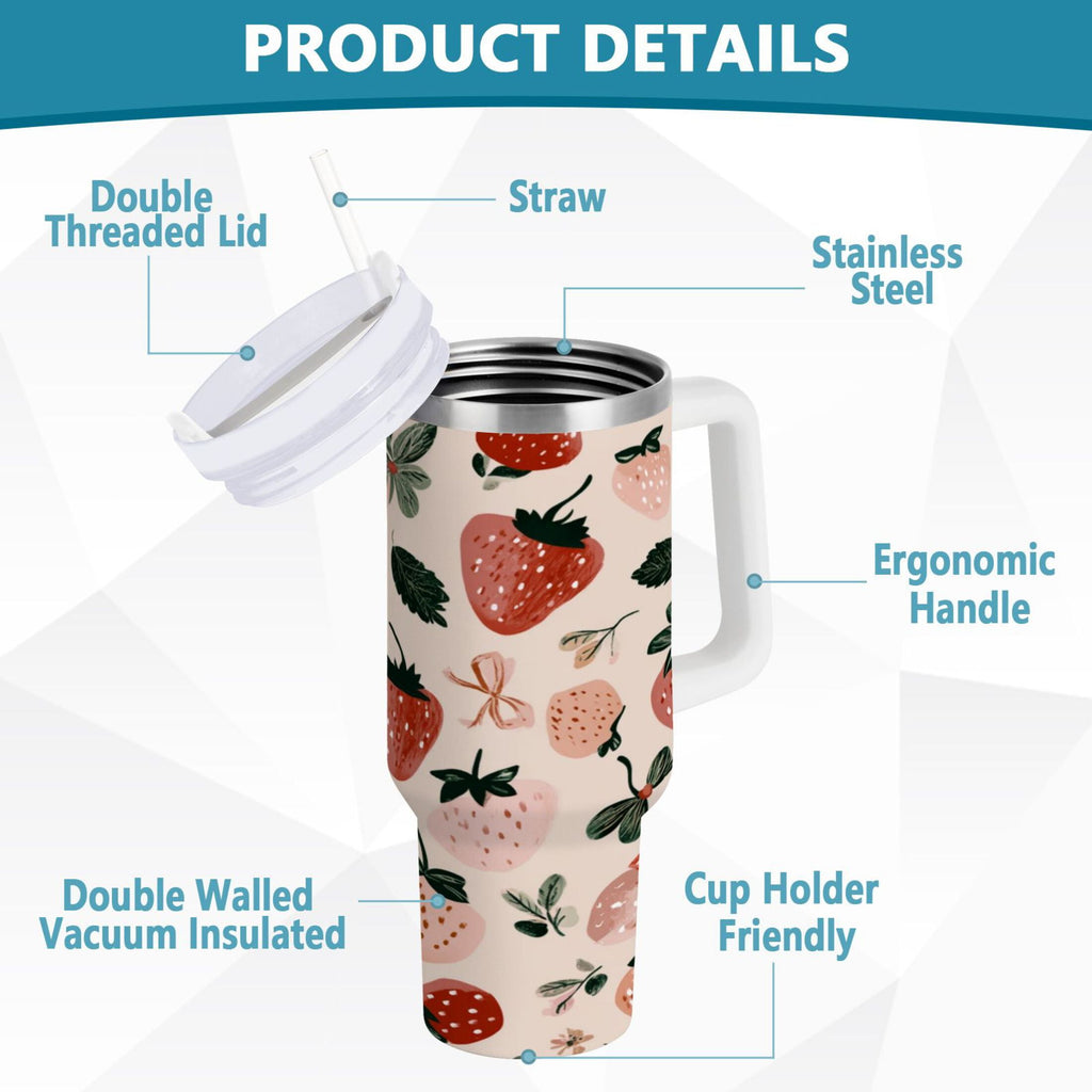 30 oz Insulated Stainless Steel Tumbler Double Wall Stainless Steel Tumbler with 2-Way Drinking Cute Pinks Strawberries - JPDO