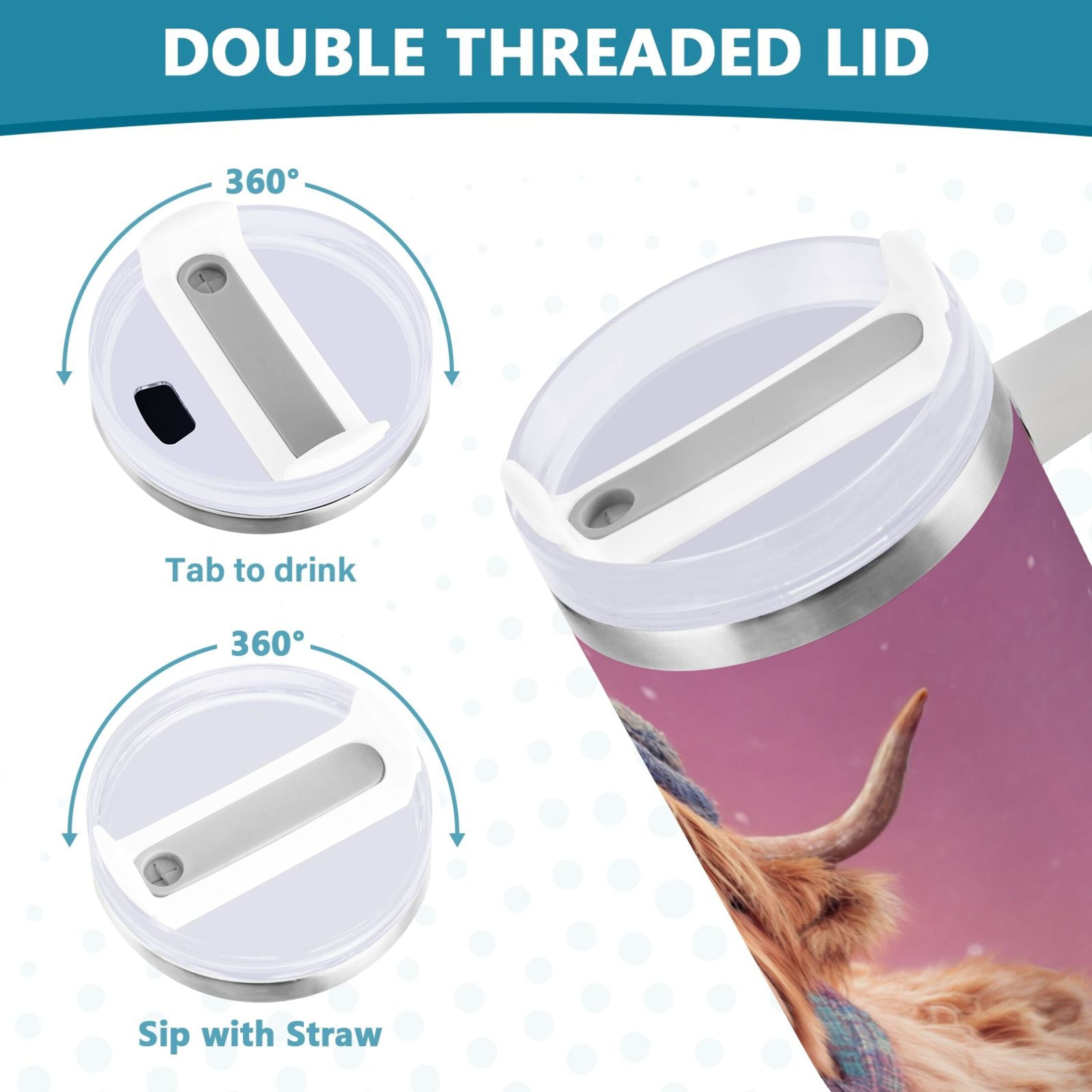 30 oz Insulated Stainless Steel Tumbler Double Wall Stainless Steel Tumbler with 2-Way Drinking Cow Wearing Christmas - U7DI