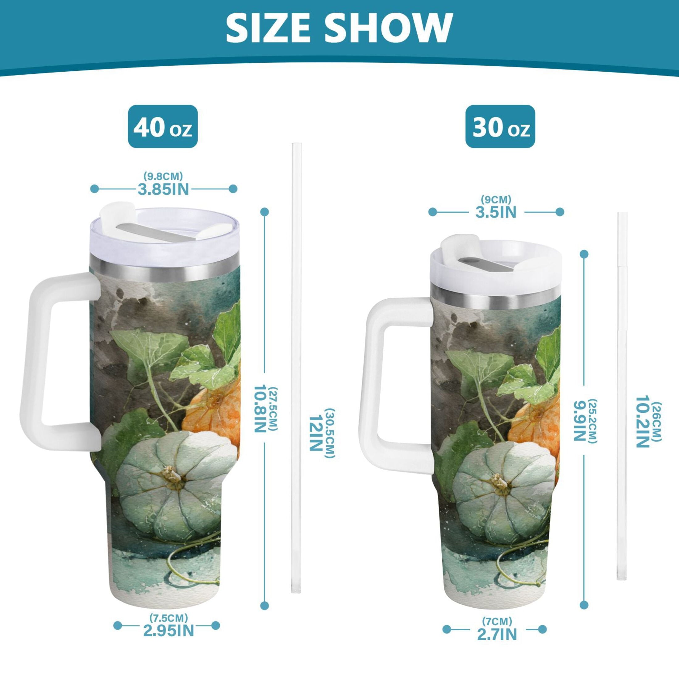 40 oz Insulated Stainless Steel Tumbler Double Wall Stainless Steel Tumbler with 2-Way Drinking Orange and White Pumpkins - P3HQ