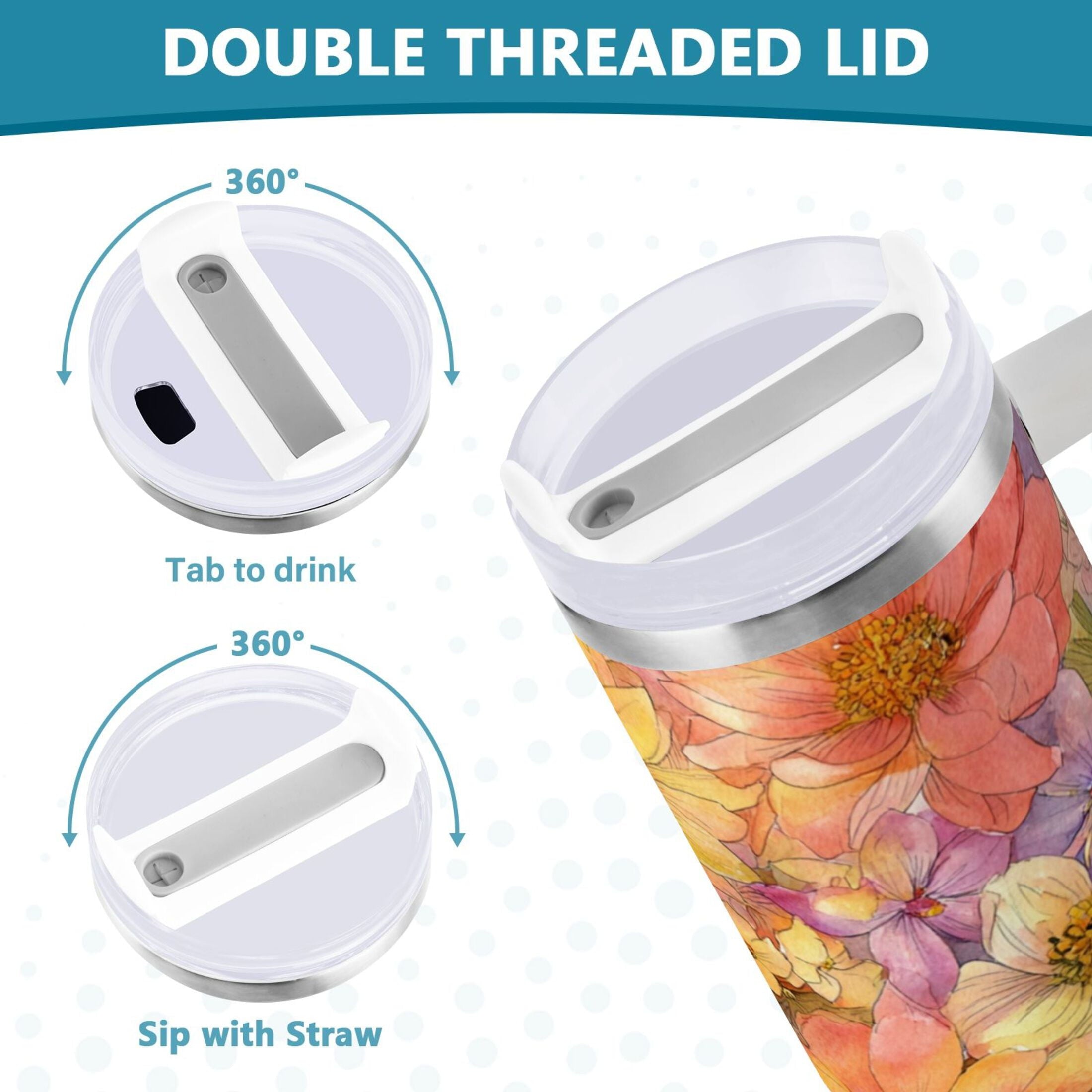 30 oz Insulated Stainless Steel Tumbler Double Wall Stainless Steel Tumbler with 2-Way Drinking Summer Blossoms - GMHN