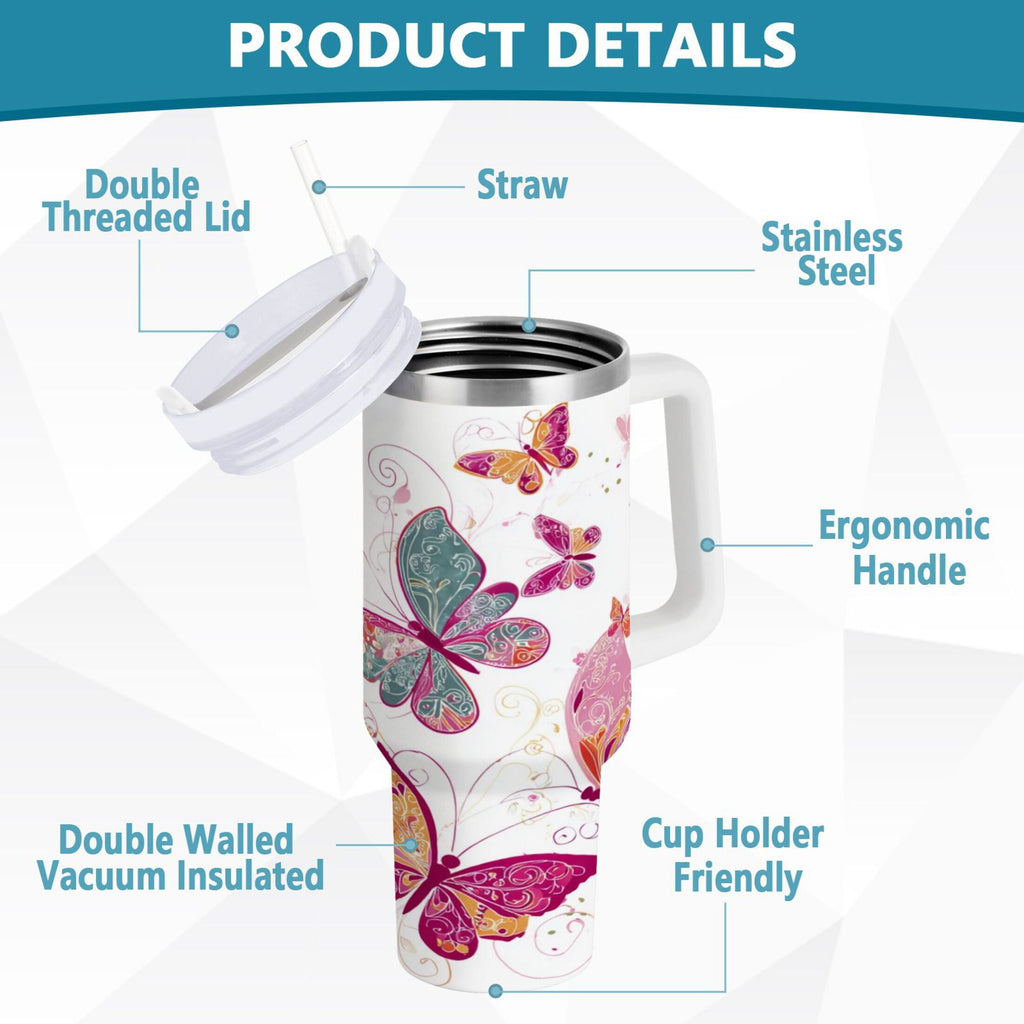 30 oz Insulated Stainless Steel Tumbler Double Wall Stainless Steel Tumbler with 2-Way Drinking Colorful Butterflies - VH11